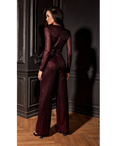 Salopeta eleganta evazata din paiete burgundy cu maneca lunga Geena Salopete dama, Salopeta eleganta evazata din paiete burgundy cu maneca lunga Geena - jojofashion.ro