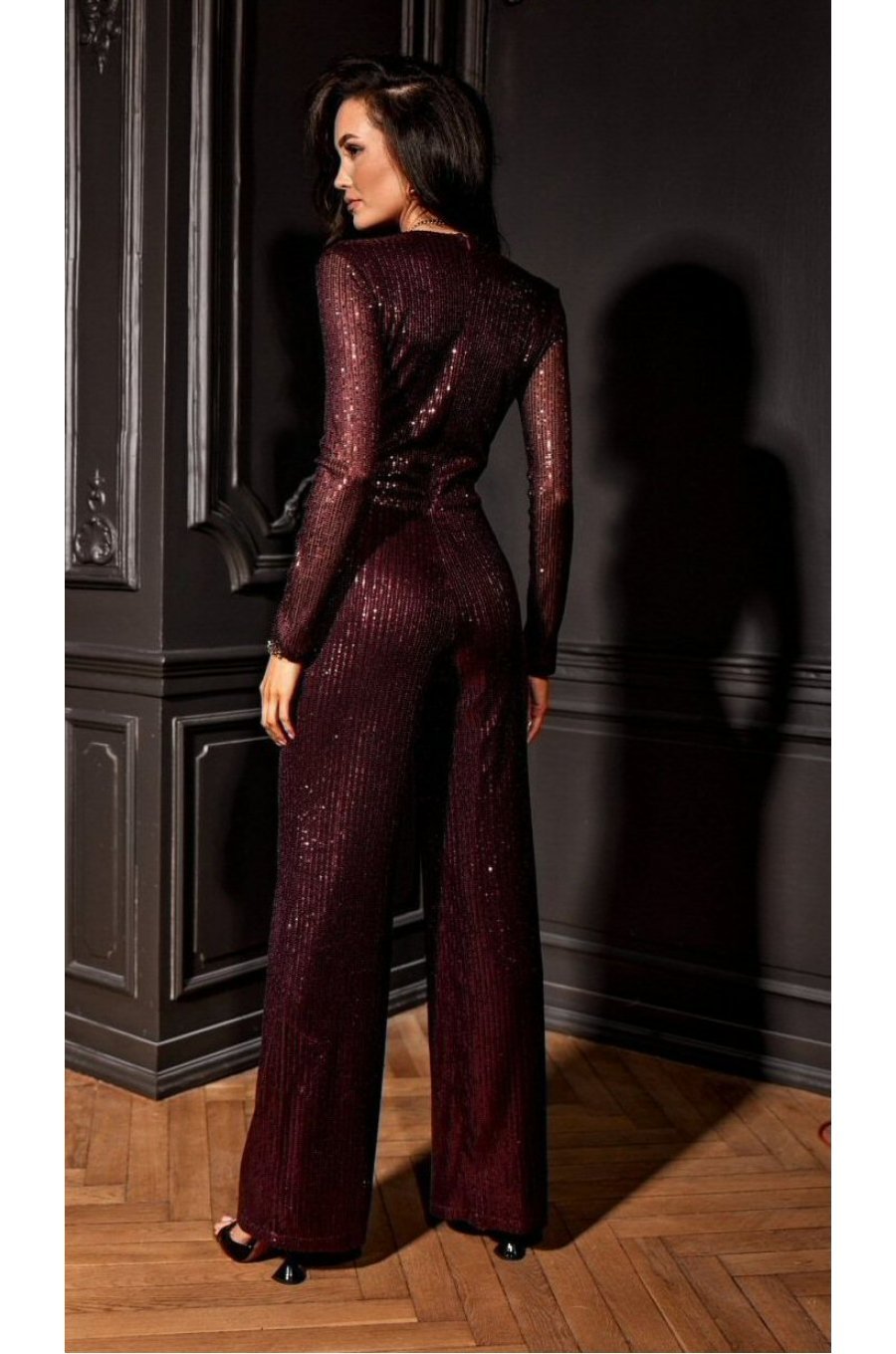 Salopeta eleganta evazata din paiete burgundy cu maneca lunga Geena 2 - jojofashion.ro