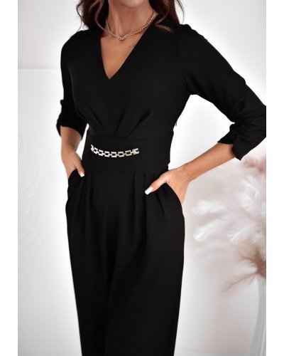 Salopeta eleganta, evazata, neagra, cu maneca trei sferturi, KatrinW Salopete dama, Salopeta eleganta, evazata, neagra, cu maneca trei sferturi, KatrinW - jojofashion.ro