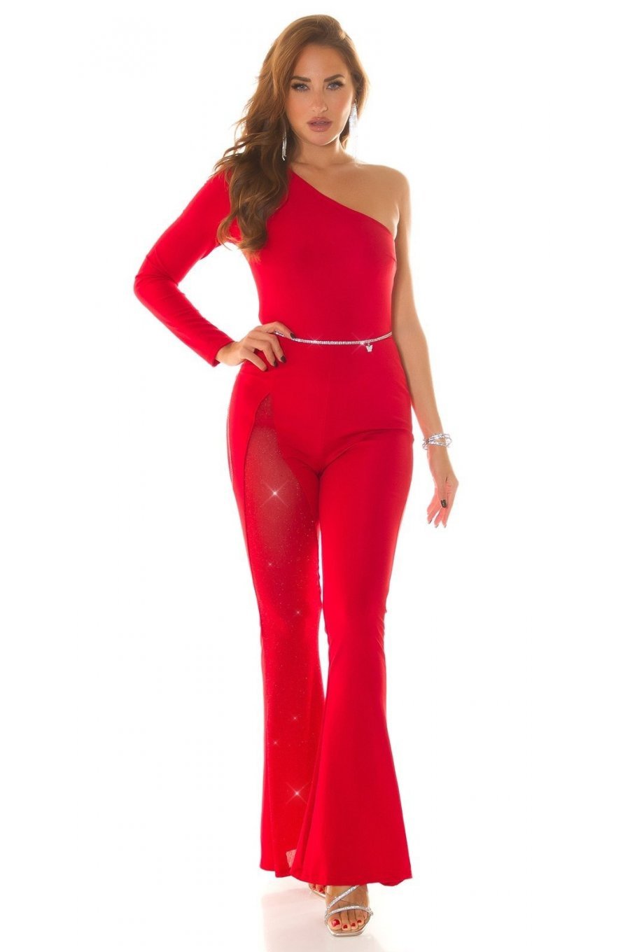 Salopeta eleganta evazata, rosie, cu o maneca lunga, Koralia Salopeta eleganta evazata, rosie, cu o maneca lunga, Koralia 3 - jojofashion.ro