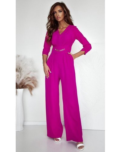 Salopeta eleganta, evazata, roz magenta, cu maneca trei sferturi, KatrinW Salopete dama, Salopeta eleganta, evazata, roz magenta, cu maneca trei sferturi, KatrinW - jojofashion.ro