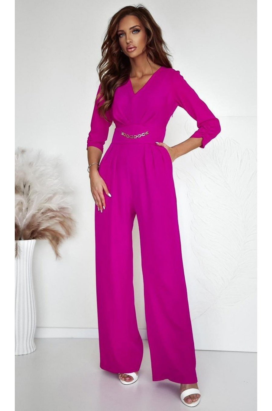 Salopeta eleganta, evazata, roz magenta, cu maneca trei sferturi, KatrinW Salopeta eleganta, evazata, roz magenta, cu maneca trei sferturi, KatrinW 1 - jojofashion.ro