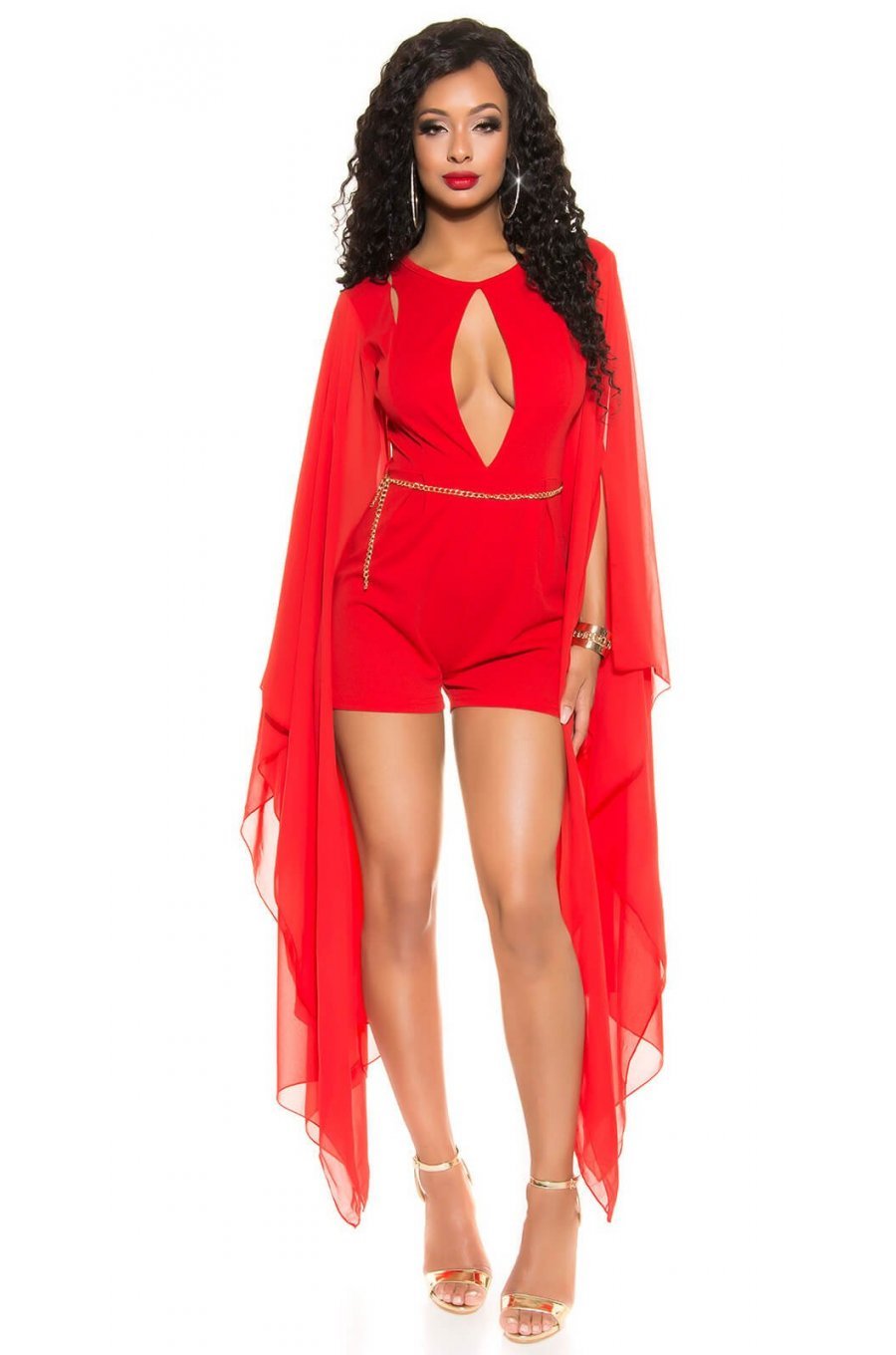 Salopeta scurta rosie din chiffon cu maneci fluture Mellya 1 - jojofashion.ro