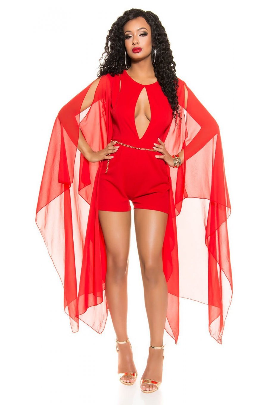 Salopeta scurta rosie din chiffon cu maneci fluture Mellya 3 - jojofashion.ro