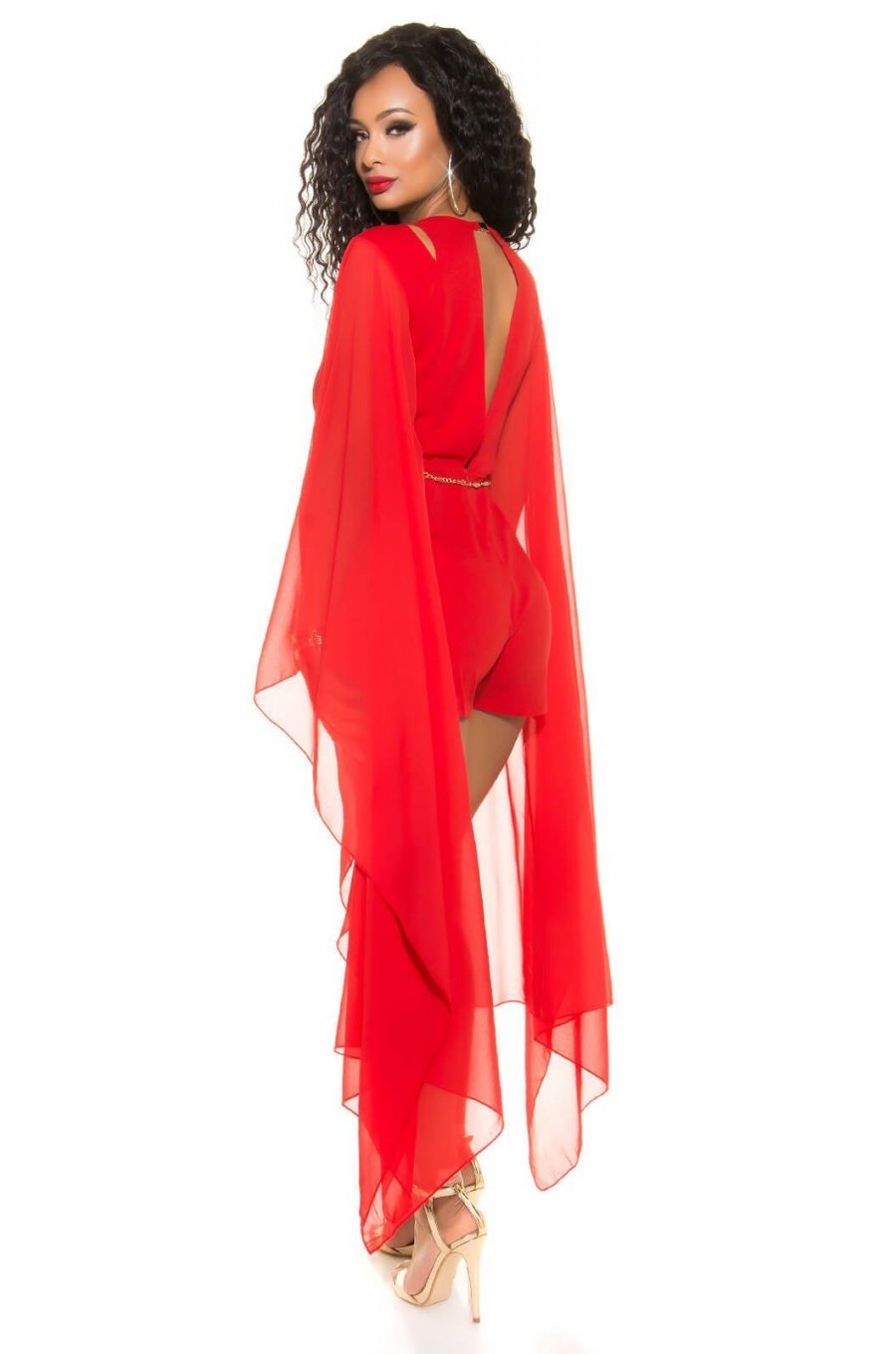 Salopeta scurta rosie din chiffon cu maneci fluture Mellya 4 - jojofashion.ro