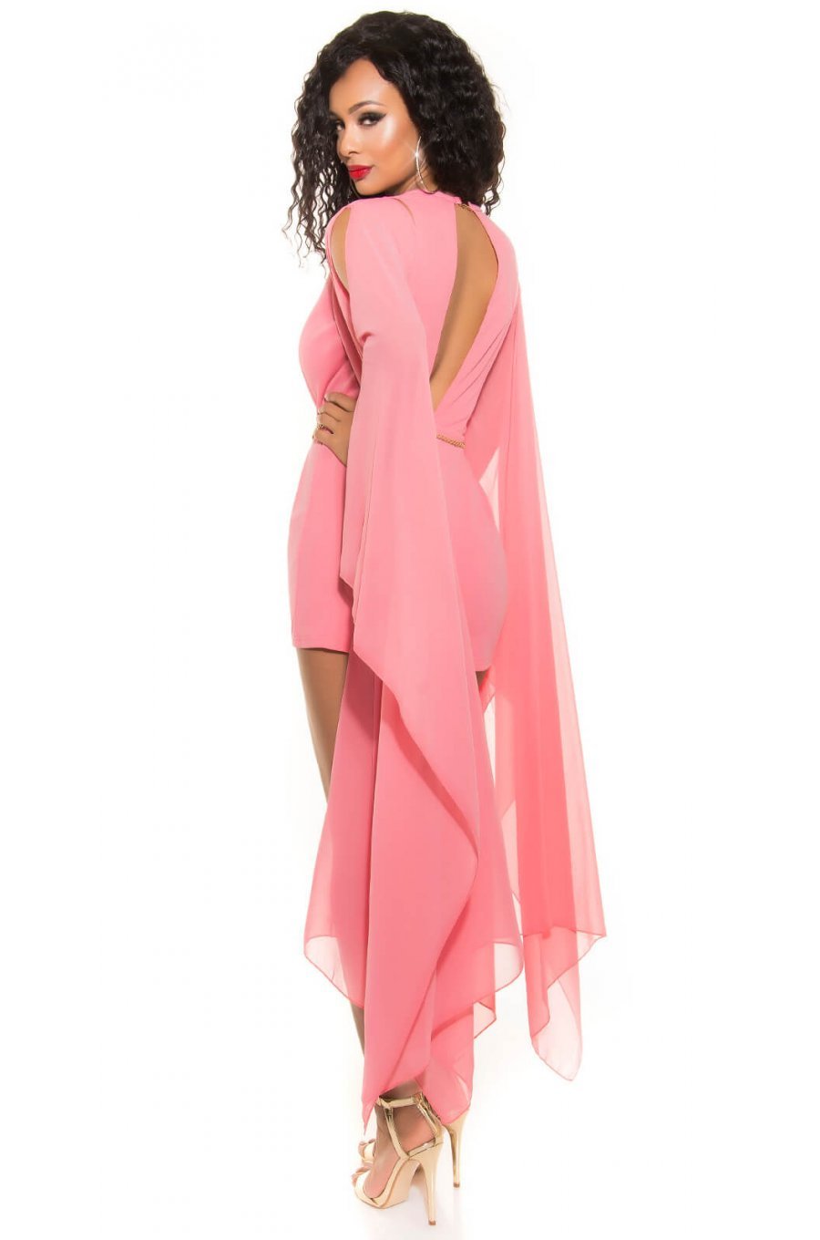 Salopeta scurta somon din chiffon cu maneci fluture Mellya Salopeta scurta somon din chiffon cu maneci fluture Mellya 2 - jojofashion.ro