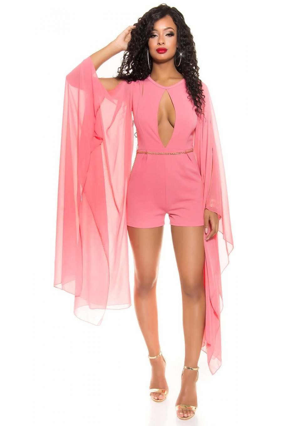 Salopeta scurta somon din chiffon cu maneci fluture Mellya Salopeta scurta somon din chiffon cu maneci fluture Mellya 1 - jojofashion.ro