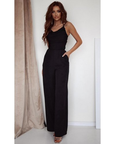 Salopeta neagra eleganta, de dama, evazata, cu spatele gol, Lajla Salopete dama, Salopeta neagra eleganta, de dama, evazata, cu spatele gol, Lajla - jojofashion.ro