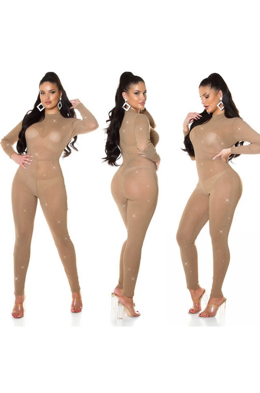 Salopeta transparenta cappuccino cu glitter Betty 4 - jojofashion.ro