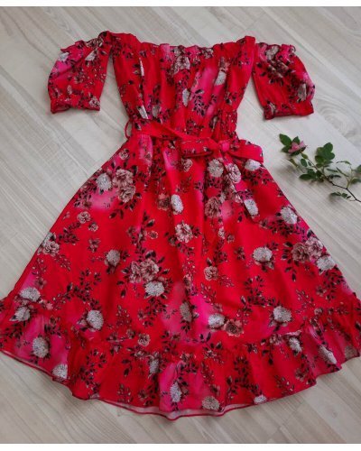 Rochie de vara scurta rosie cu flori in clos Pinky Rochii rosii, Rochie de vara scurta rosie cu flori in clos Pinky - jojofashion.ro