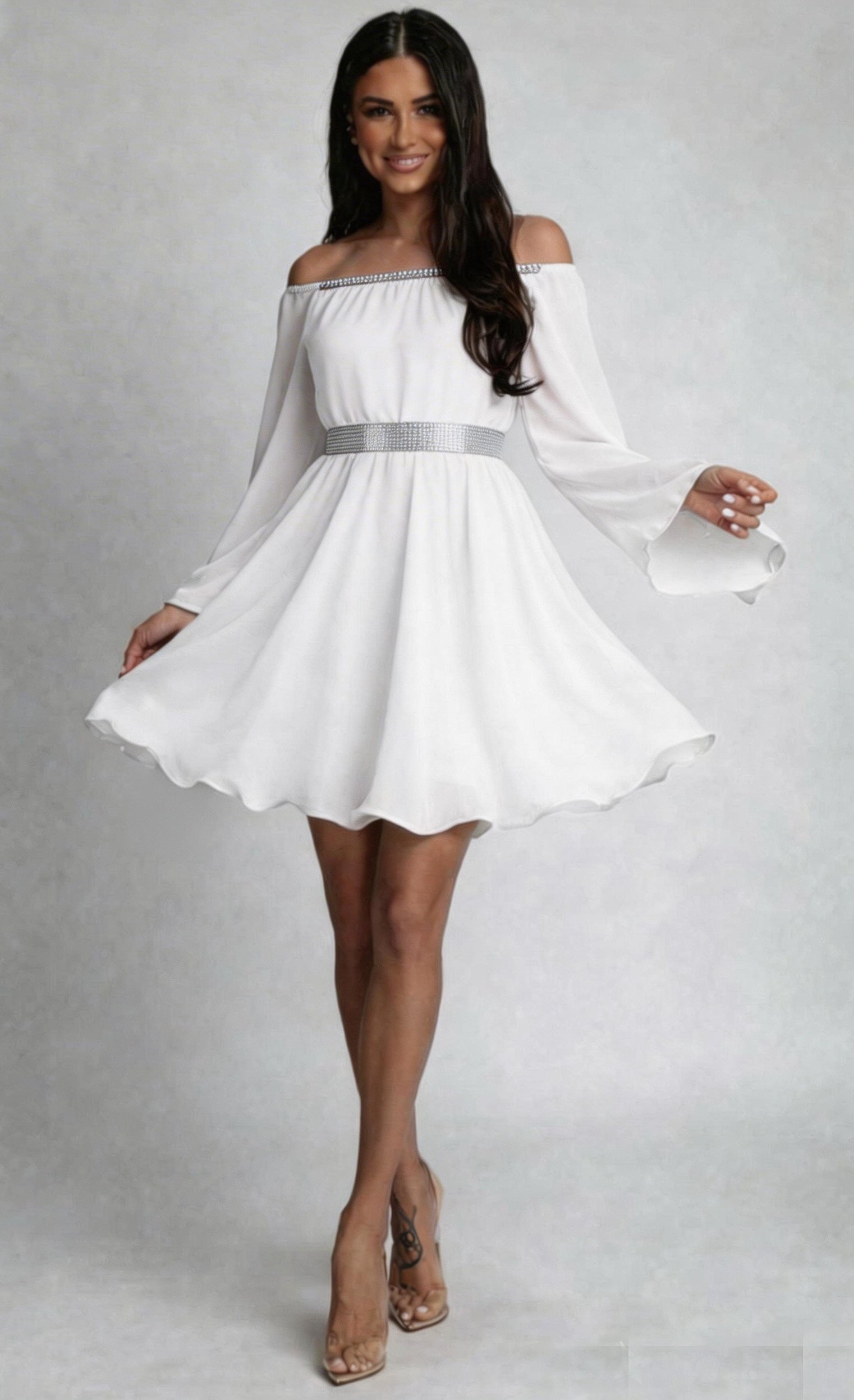 JojoFashion Rochie cununie civila scurta, din voal, alba, cu maneca lunga, vaporoasa, Alexia