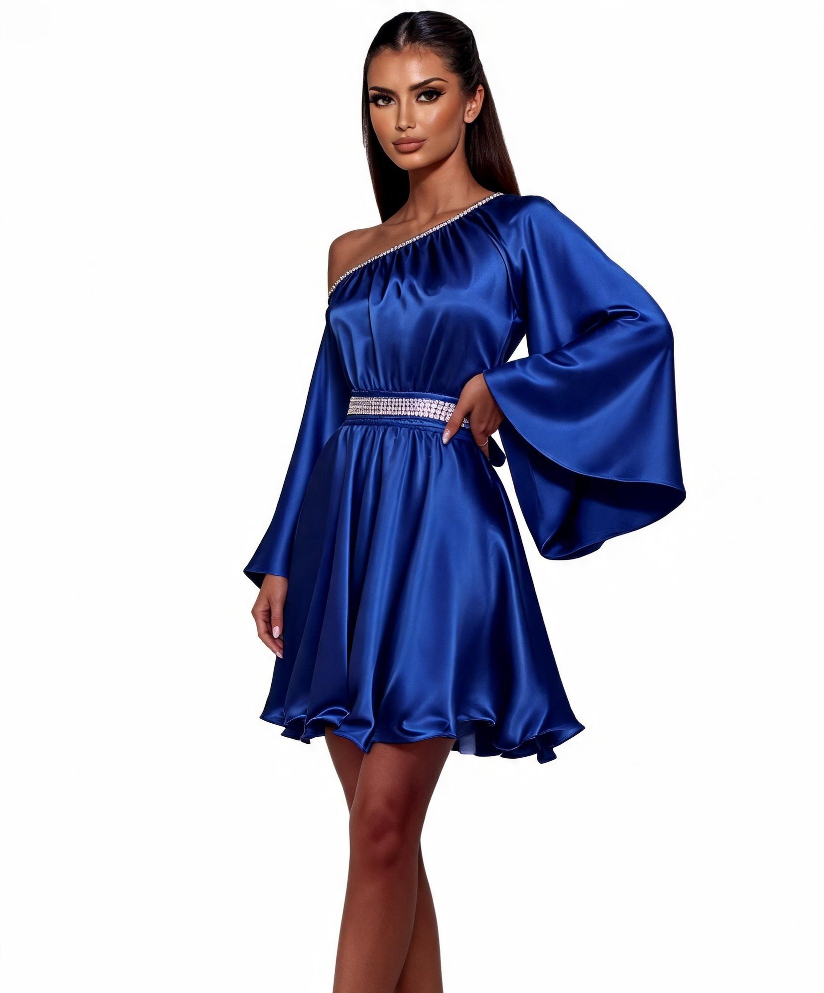Rochie bay doll albastra din satin cu maneca lunga Melike