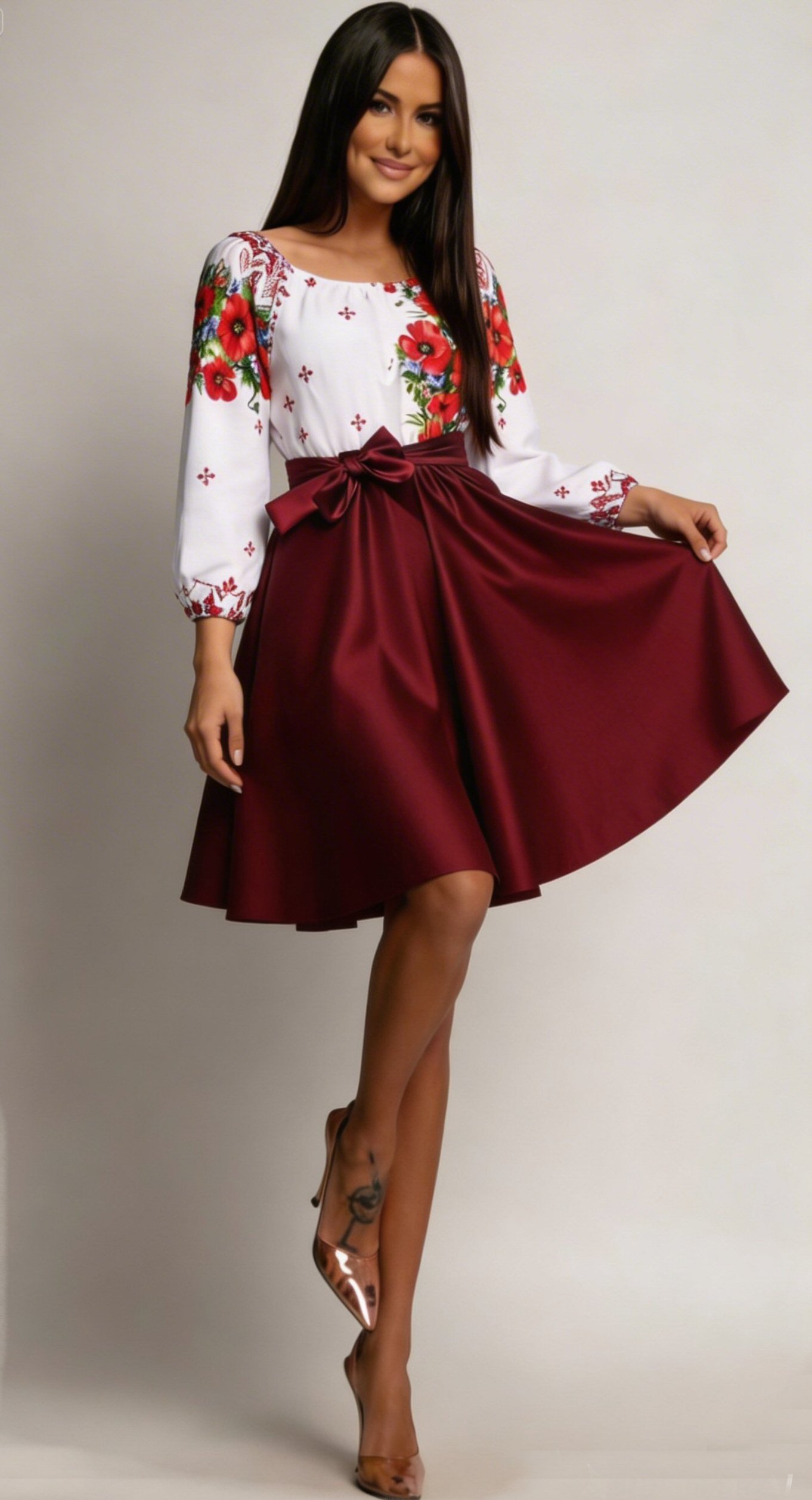 rochii dama midi Rochie traditionala midi din tafta burgundy cu maci Azra