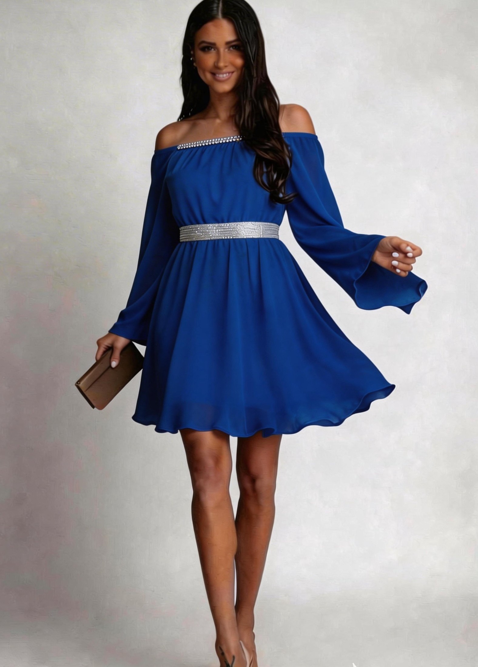 rochie midi Rochie midi albastra din voal vaporoasa Alexia
