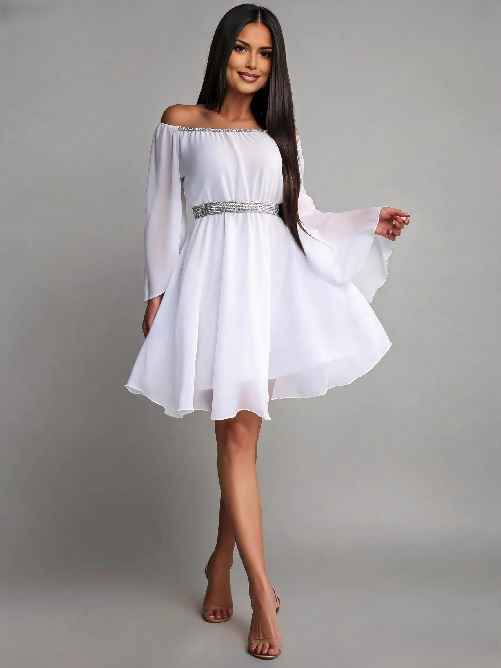 Rochie cununie civila scurta, din voal, alba, cu maneca lunga, vaporoasa, Alexia