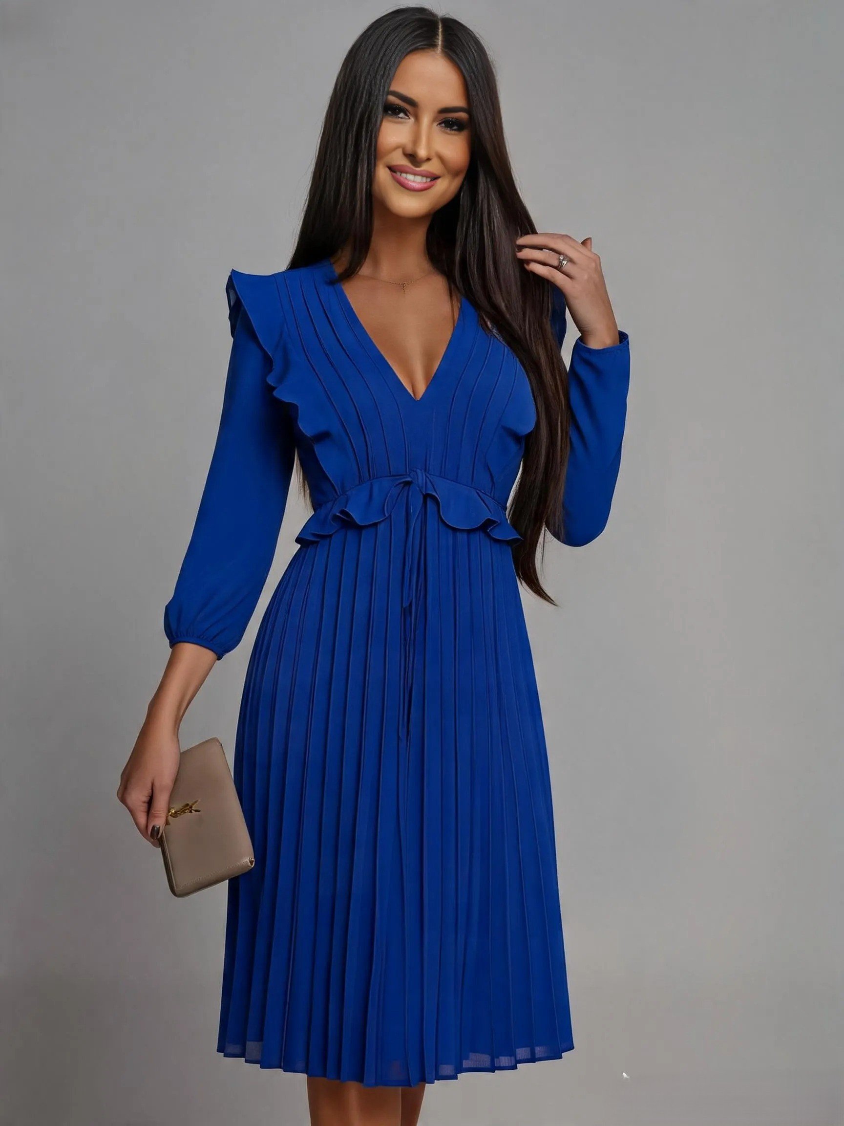 Rochie de ocazie midi albastra plisata cu volane Angel