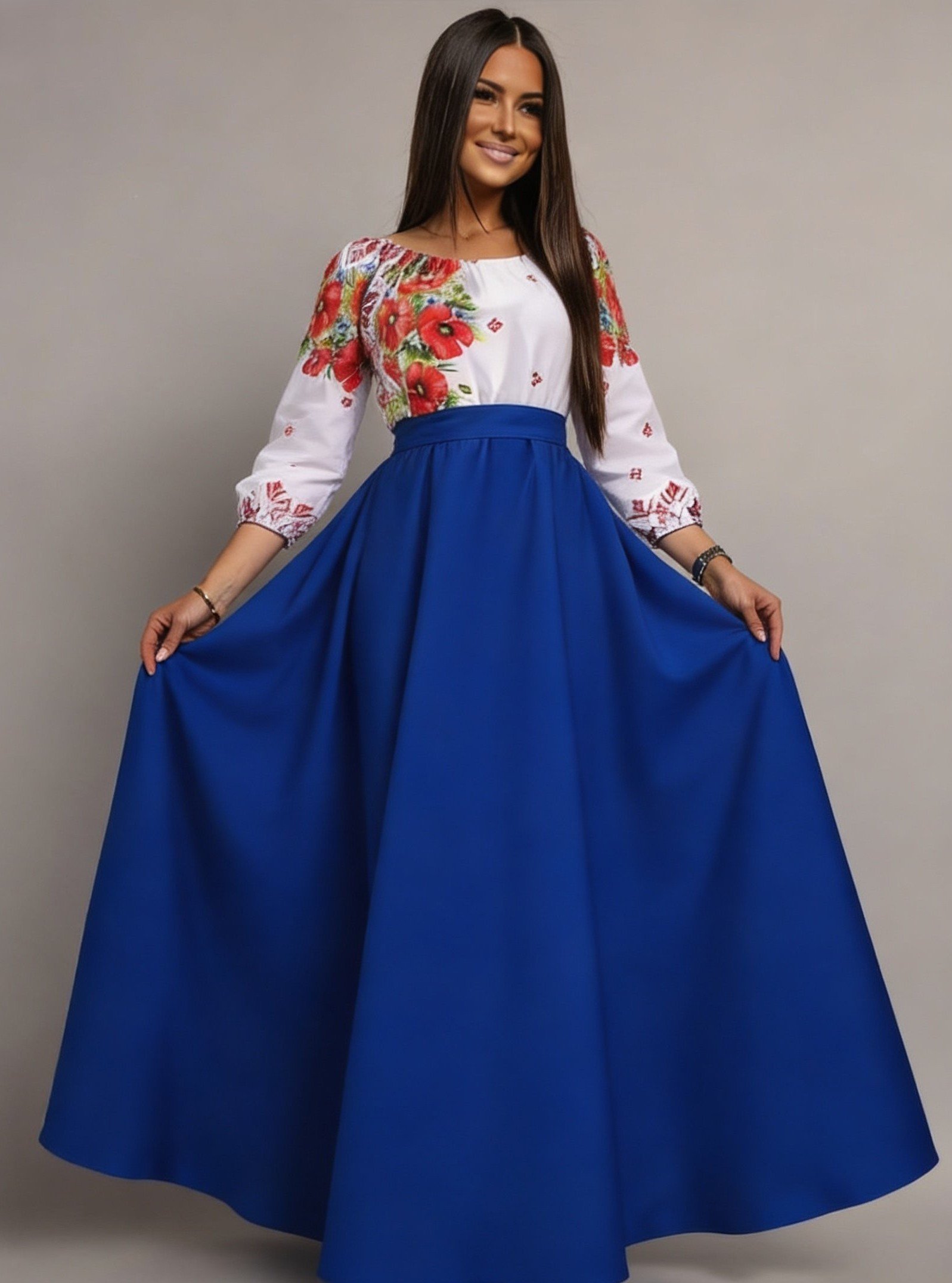 regal fermierul Rochie traditionala lunga din tafta albastra cu maci rosii Anna