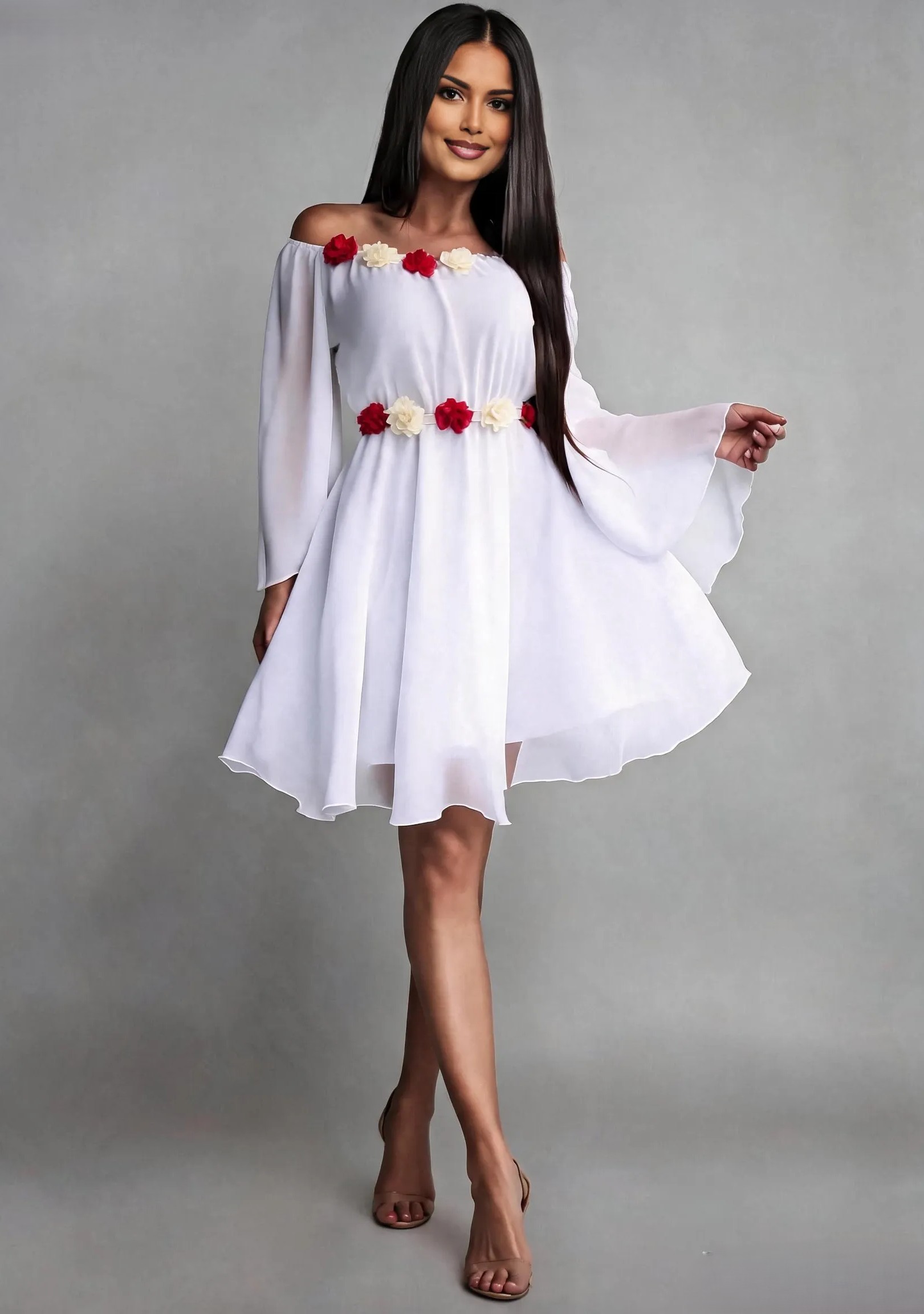 Rochie cununie civila, scurta, din voal, alba, cu maneca lunga, Raisa