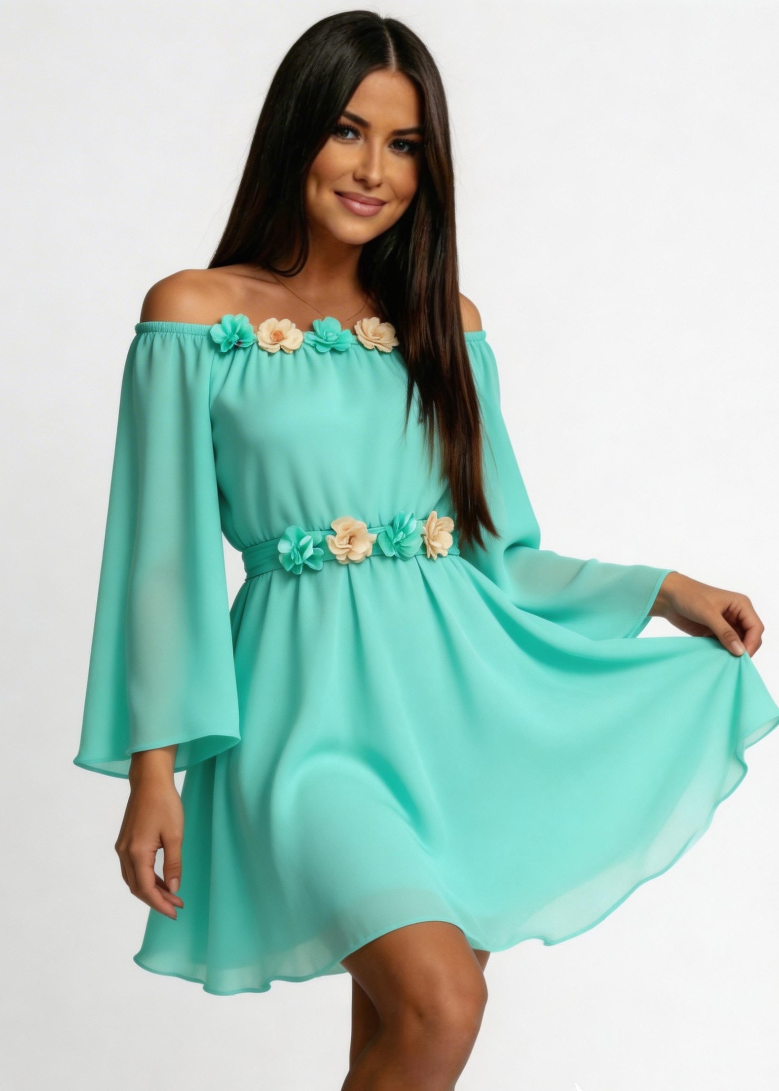 rochie roz scurta eleganta Rochie scurta din voal menta vaporoasa cu maneca lunga Raisa