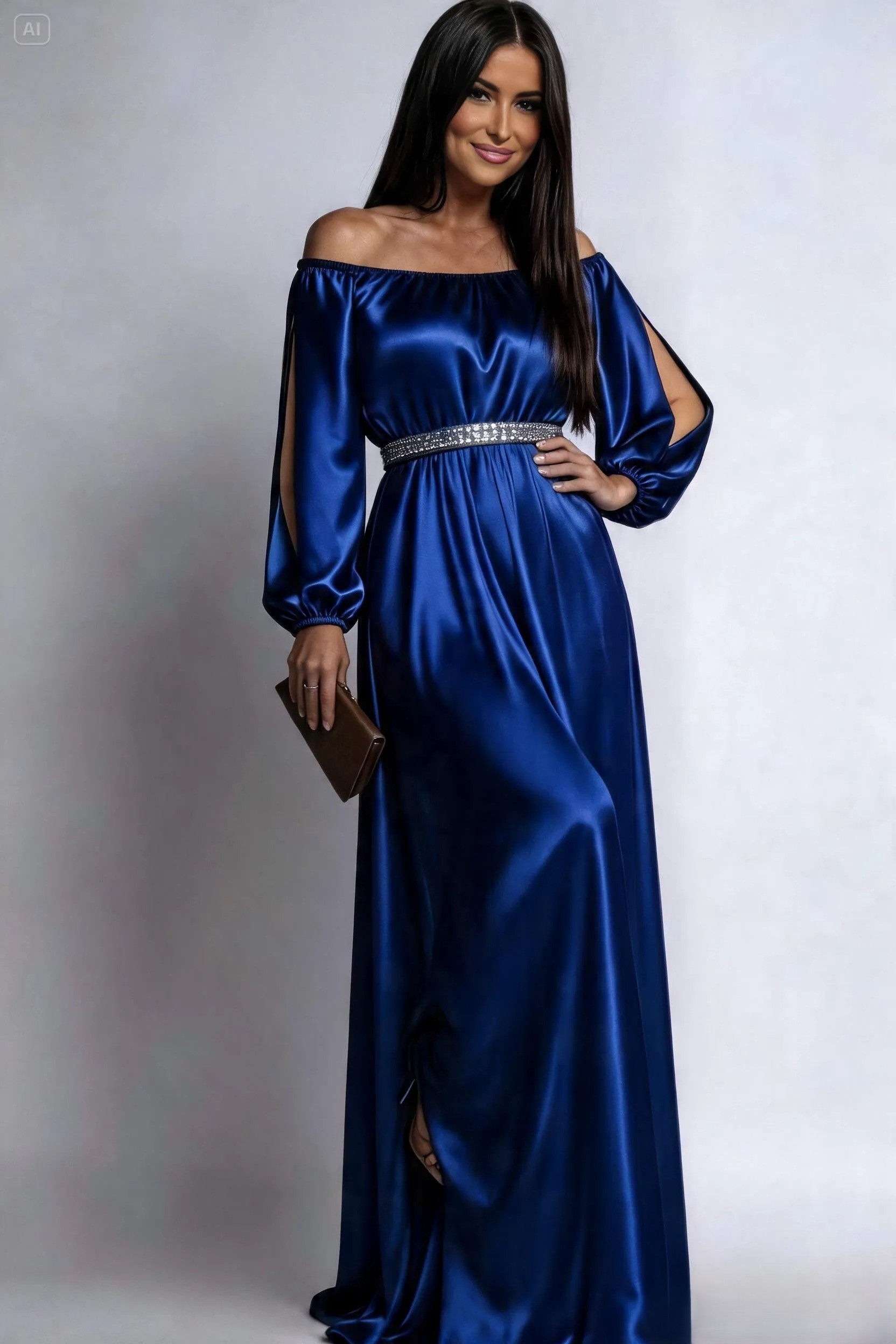 Rochie de seara lunga din satin albastra vaporoasa cu maneca lunga Larisa