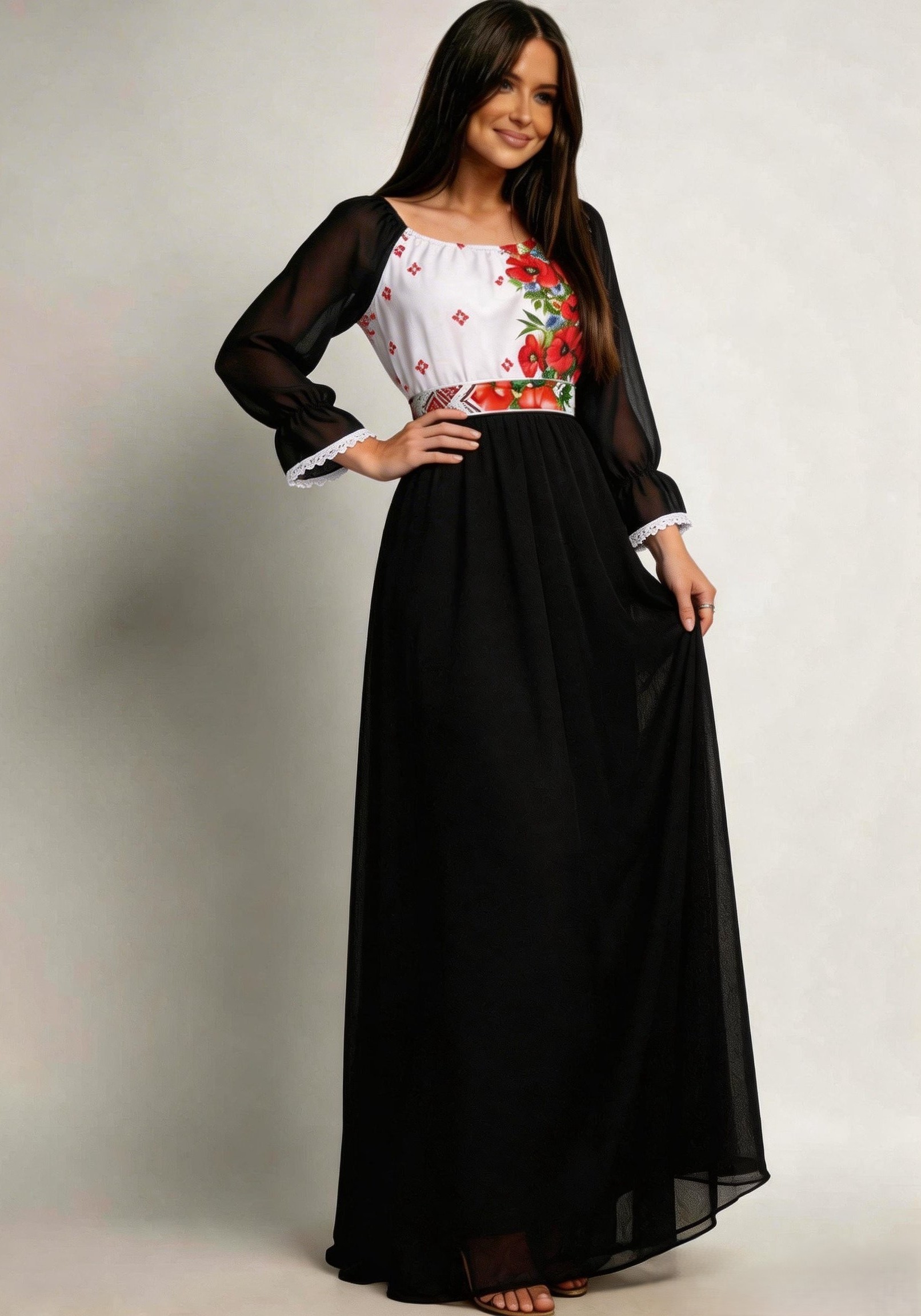 rochie eleganta lunga Rochie lunga neagra din voal cu motive traditionale vaporoasa Emanuela