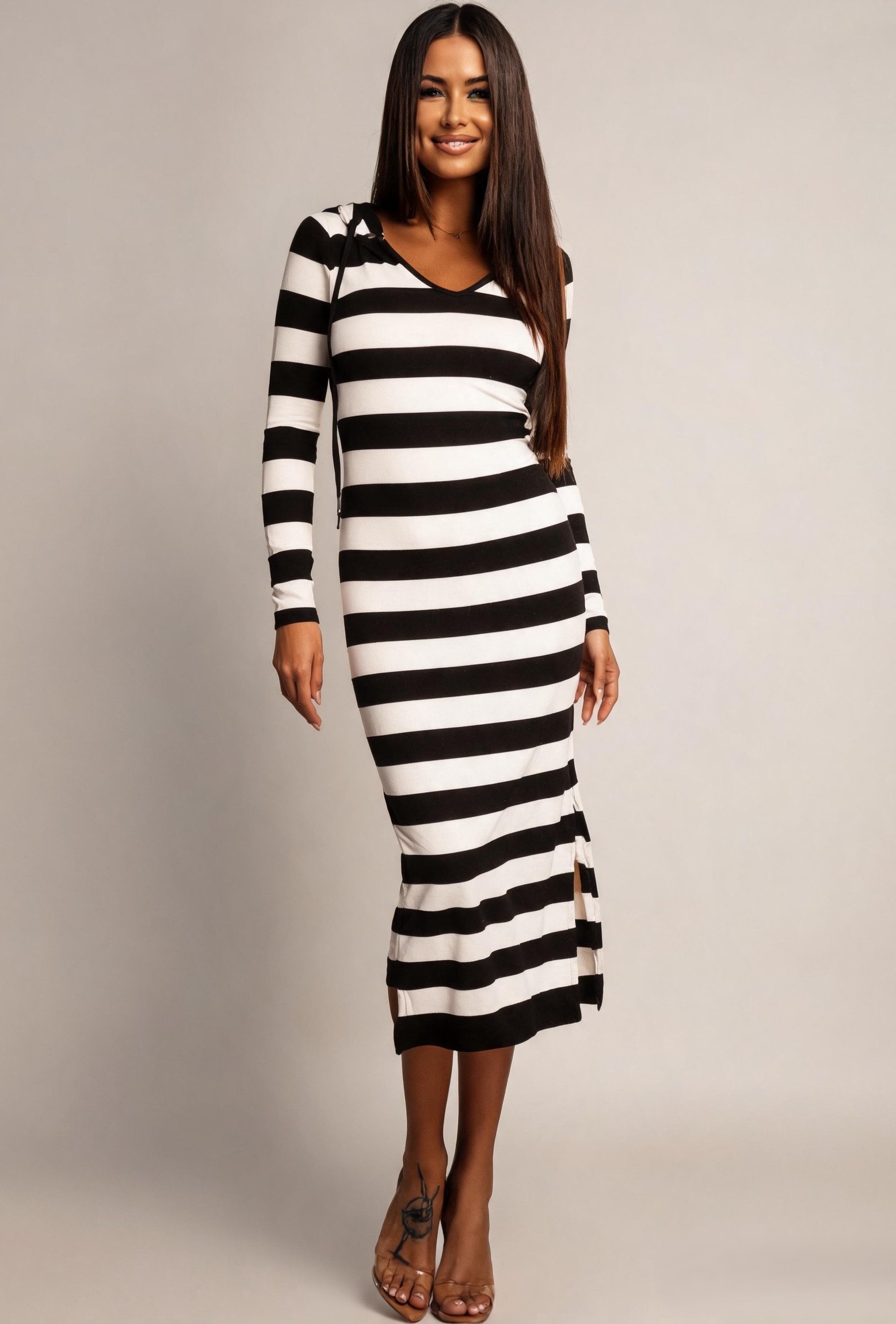 Rochie midi vascoza alba cu dungi negre Koucla Sailor