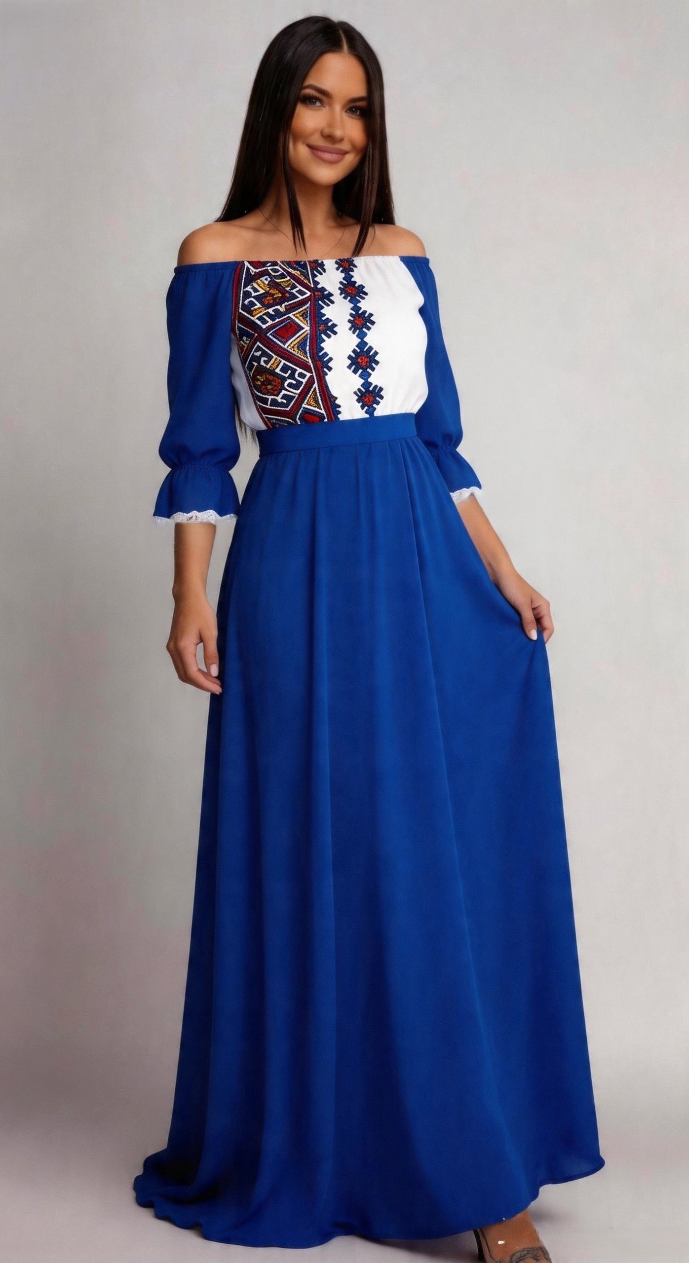 rochie lunga Rochie lunga albastra traditionala din voal vaporoasa Analisa