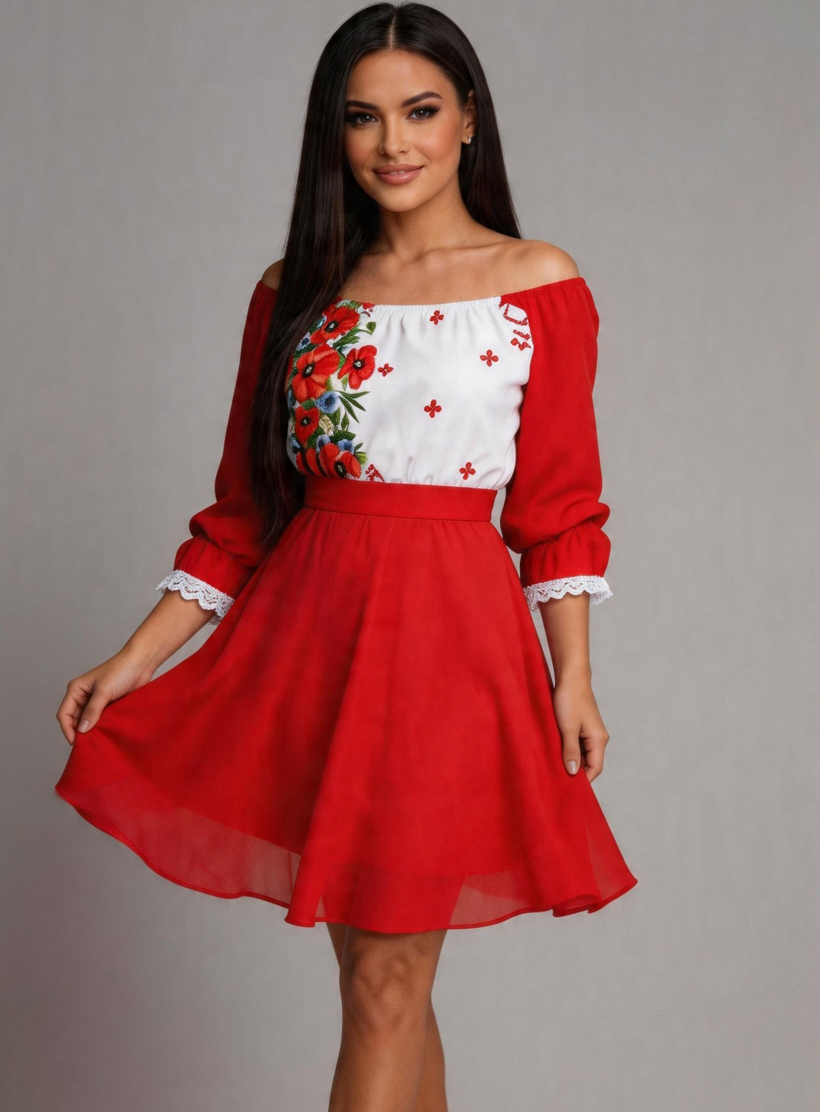 rochie roz scurta eleganta Rochie scurta rosie cu maci din voal cu motive traditionale Loredana