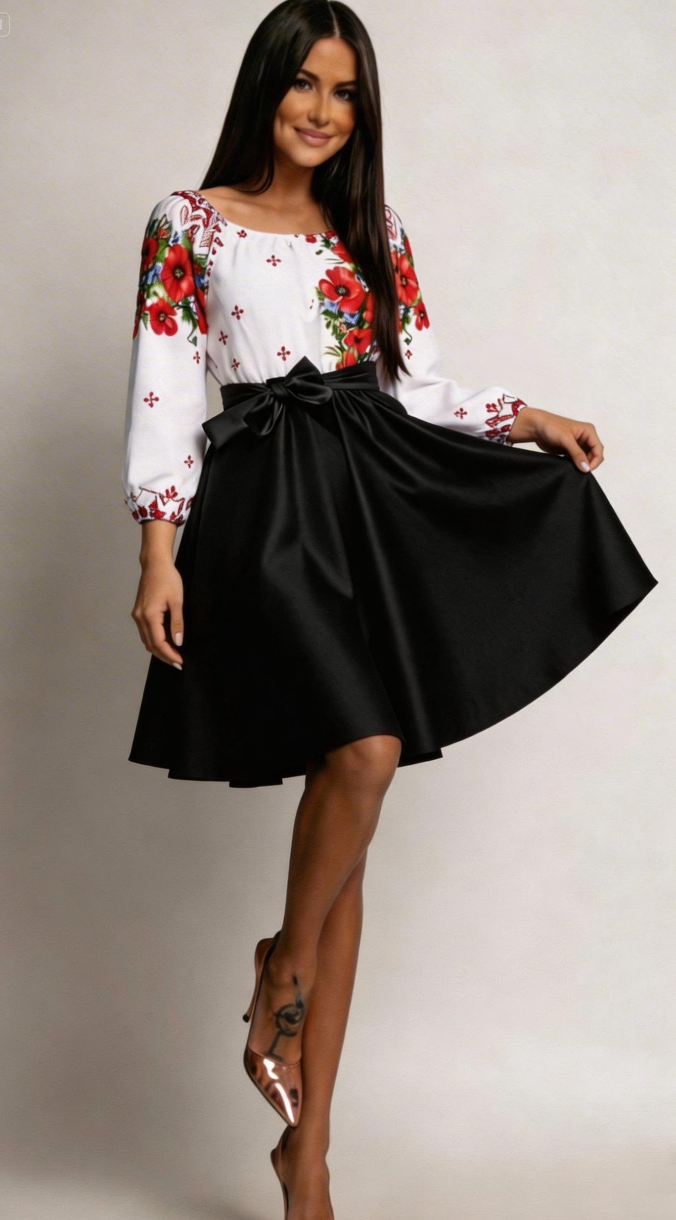 rochii dama midi Rochie midi traditionala din tafta neagra cu maci Azra