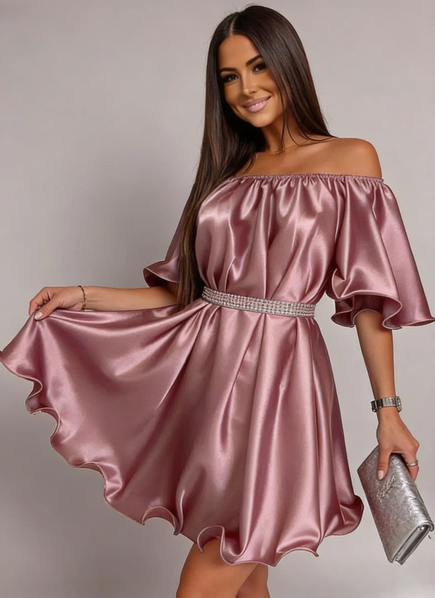rochie roz scurta eleganta Rochie baby doll scurta din satin roz pal Jimena