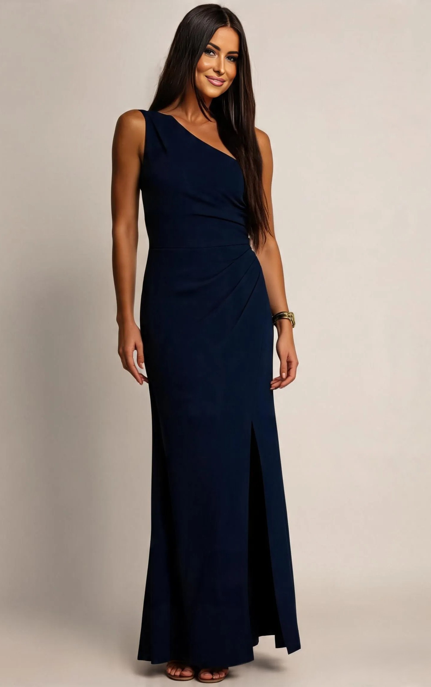 Rochie de ocazie lunga bleumarin navy mulata crapata pe picior cu un umar gol CelestiaR