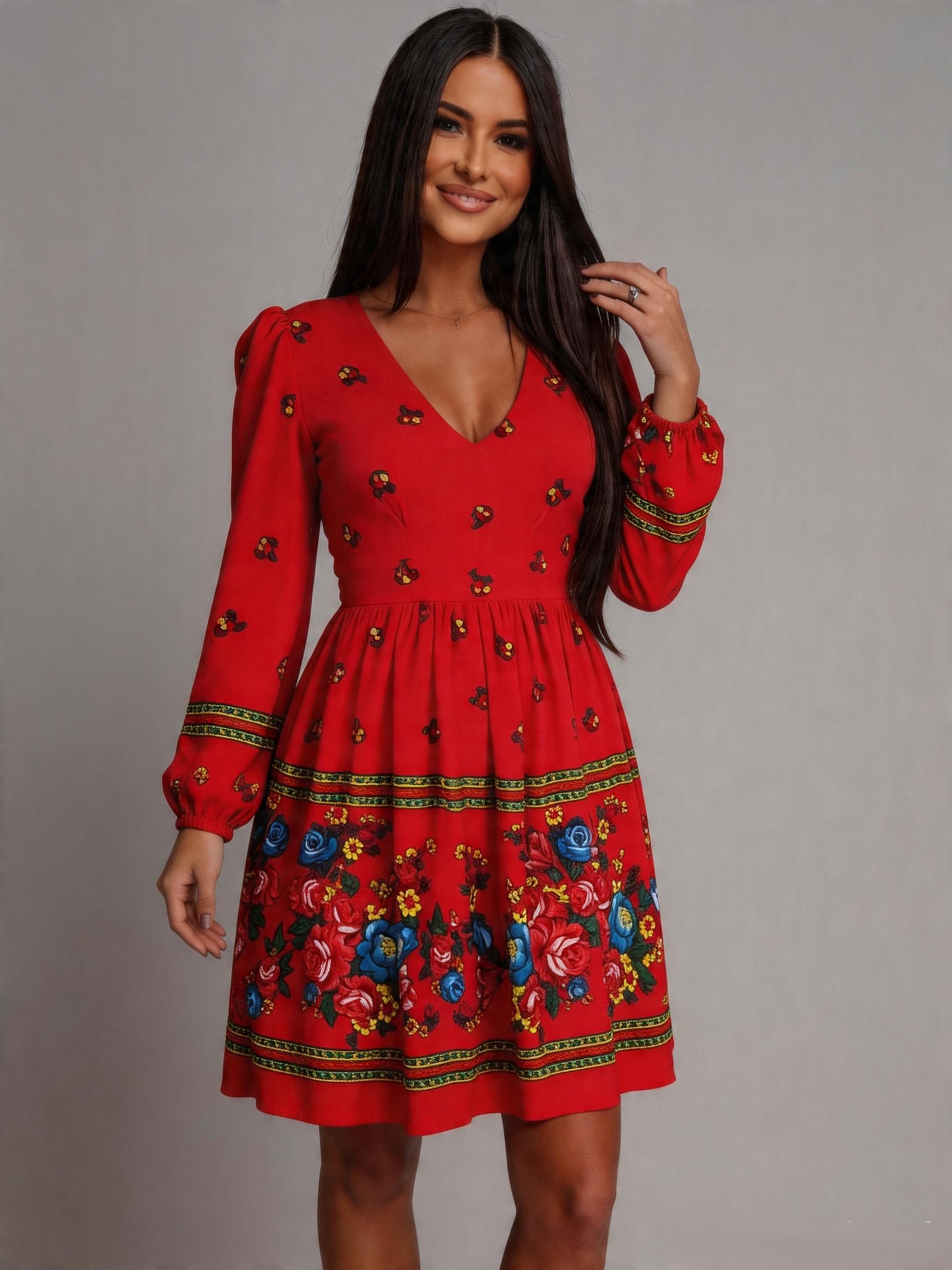 rochii dama midi Rochie midi traditionala rosie cu print gipsy Rose