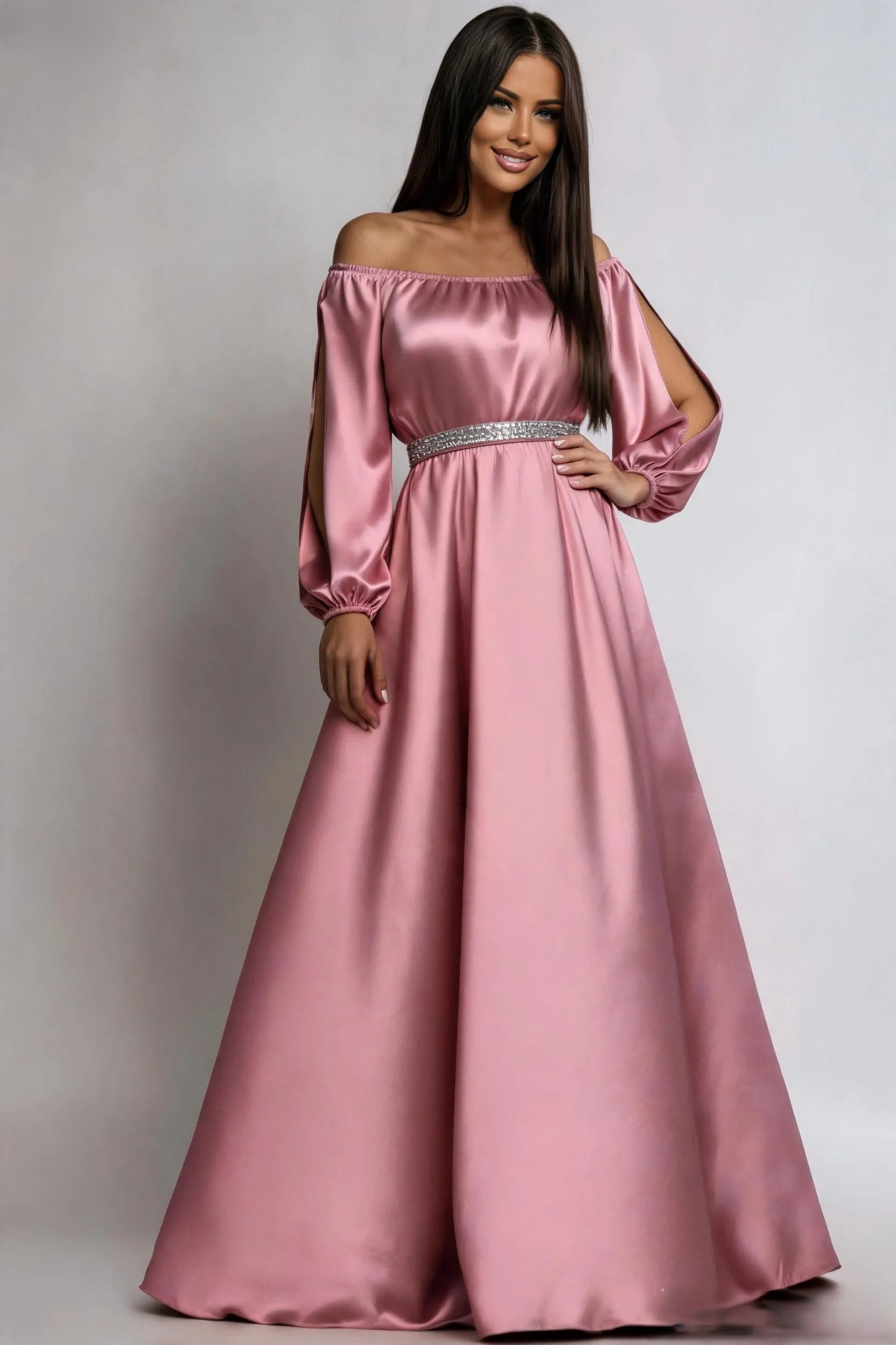 Rochie eleganta de ocazie lunga din satin roz pal cu maneca lunga vaporoasa Larisa