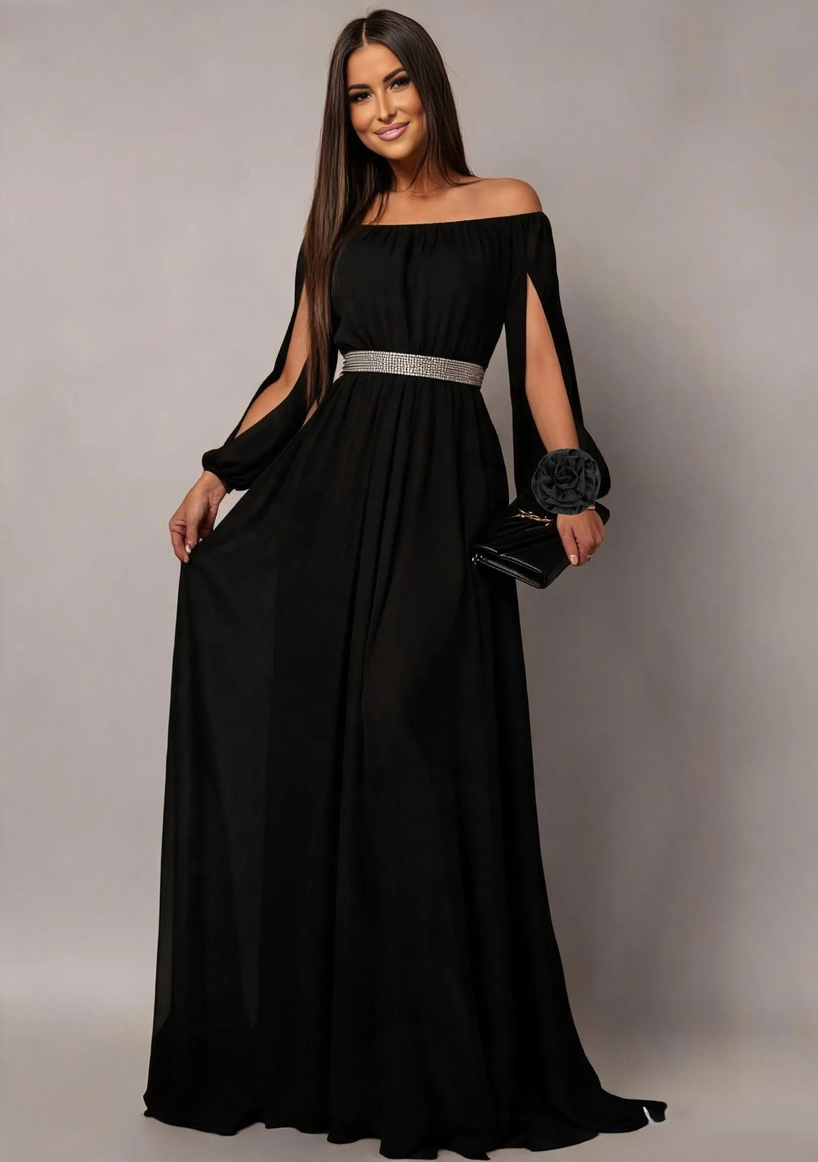 Rochie eleganta lunga neagra din voal vaporoasa Afrodita