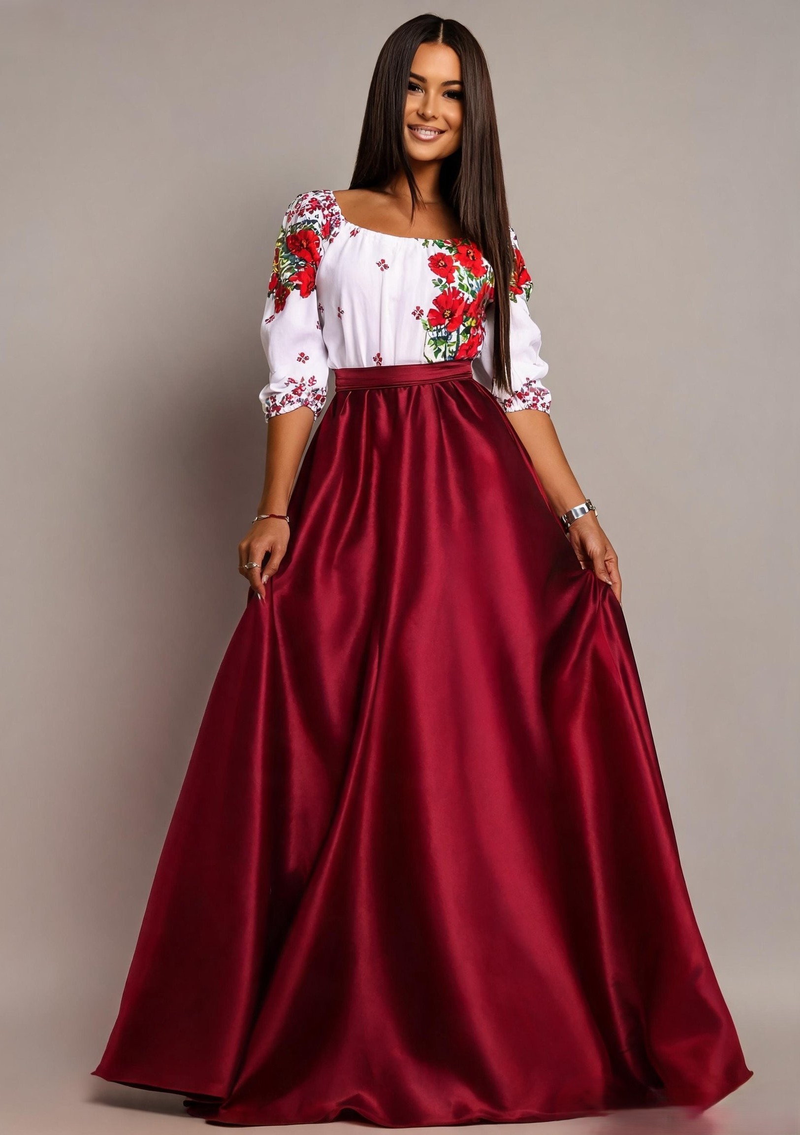 rochie lunga Rochie traditionala lunga tafta burgundy cu maci rosii Anna
