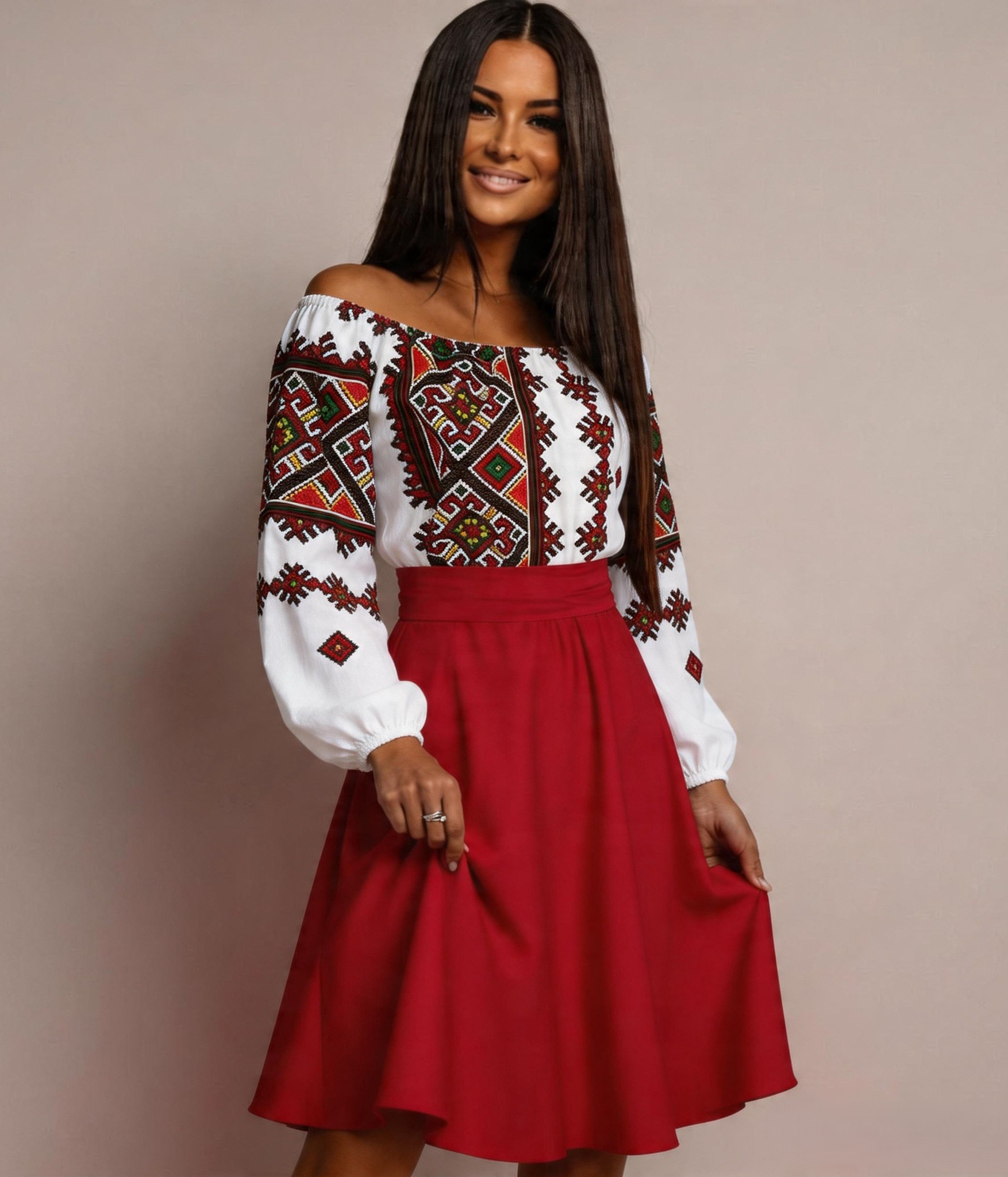 rochii dama midi Rochie traditionala midi, tafta rosie, cu maneca lunga, Korina