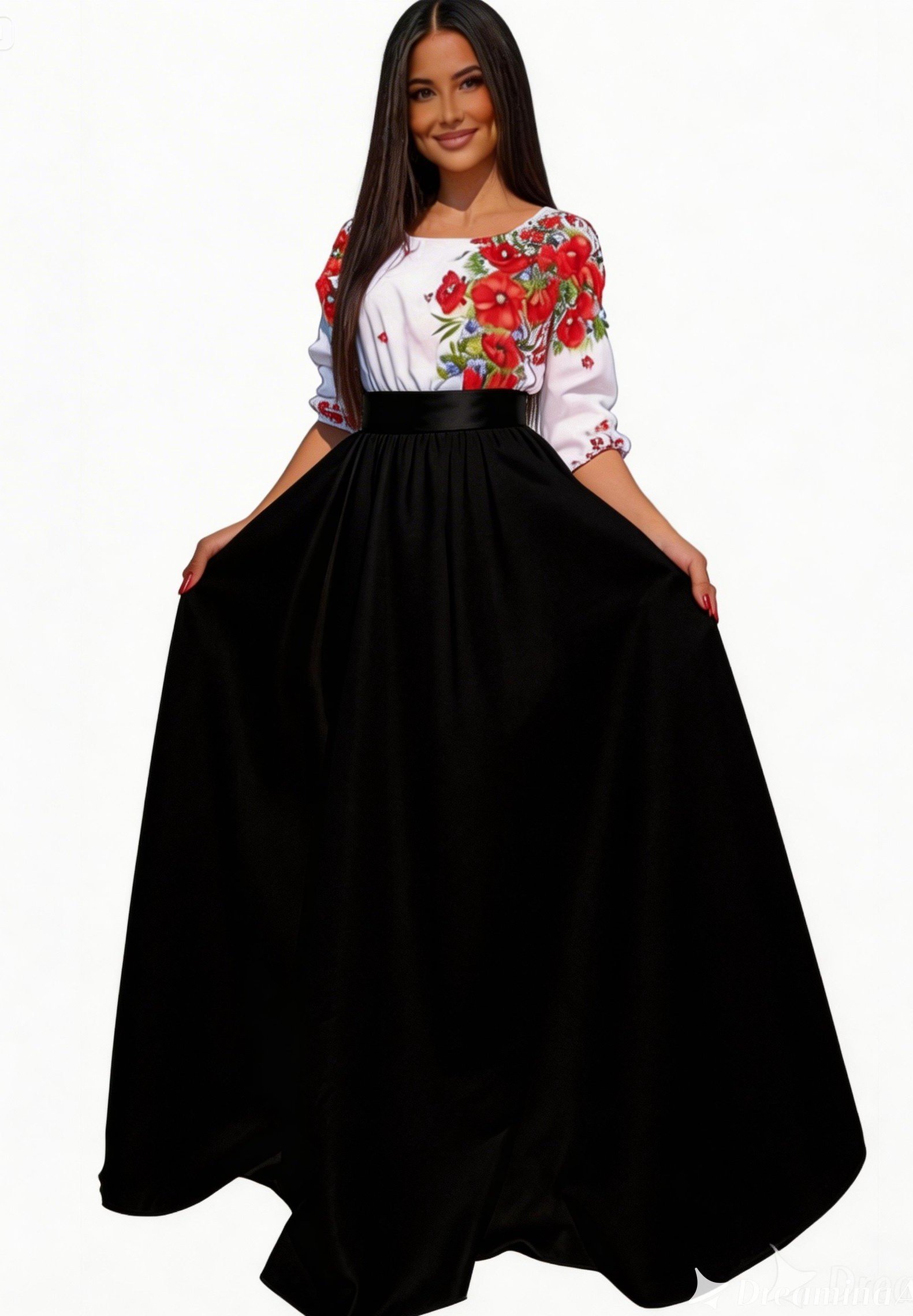 rochie lunga Rochie lunga neagra traditionala din tafta cu maci rosii Anna