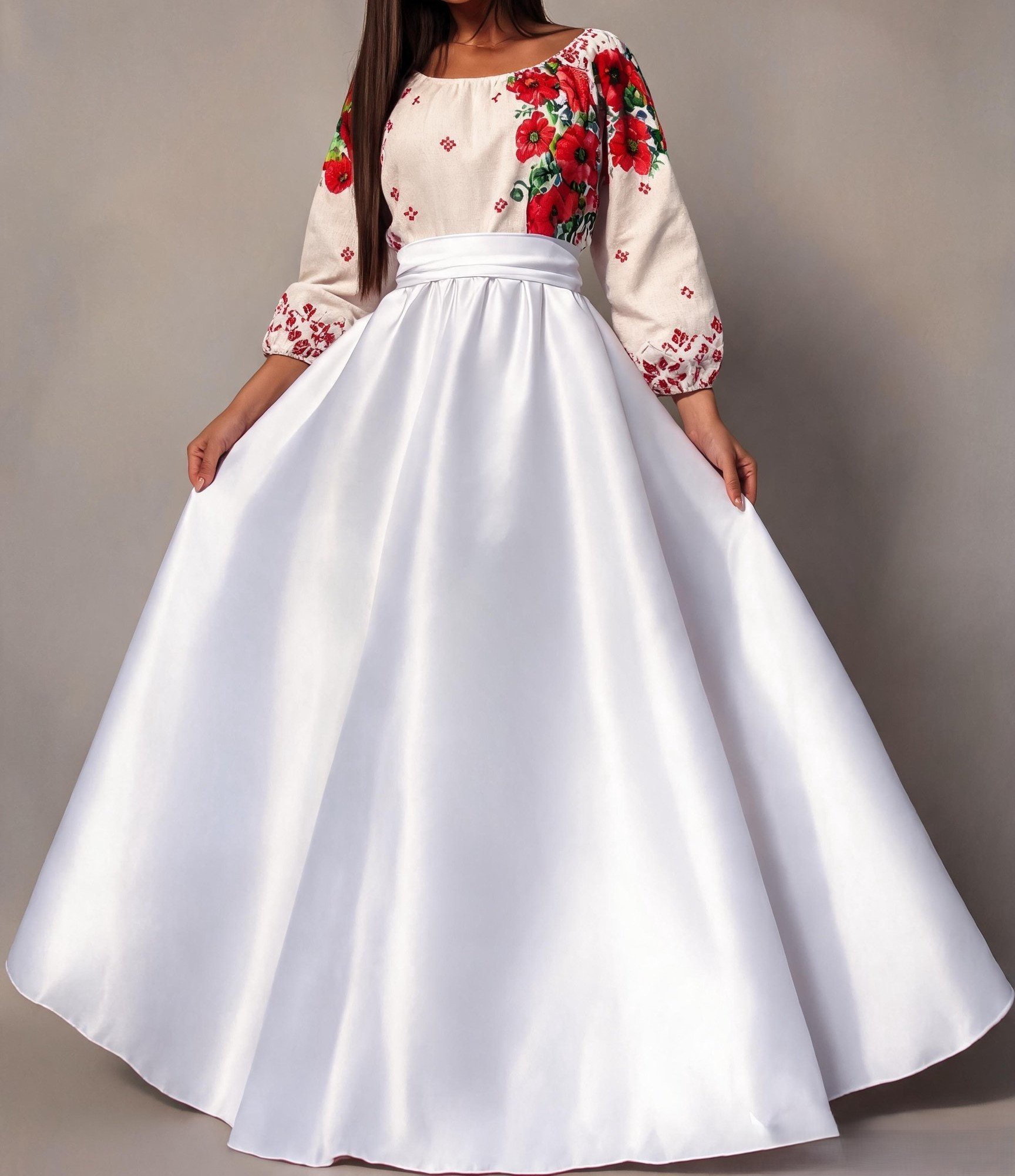 Rochie traditionala lunga din tafta alba Anna