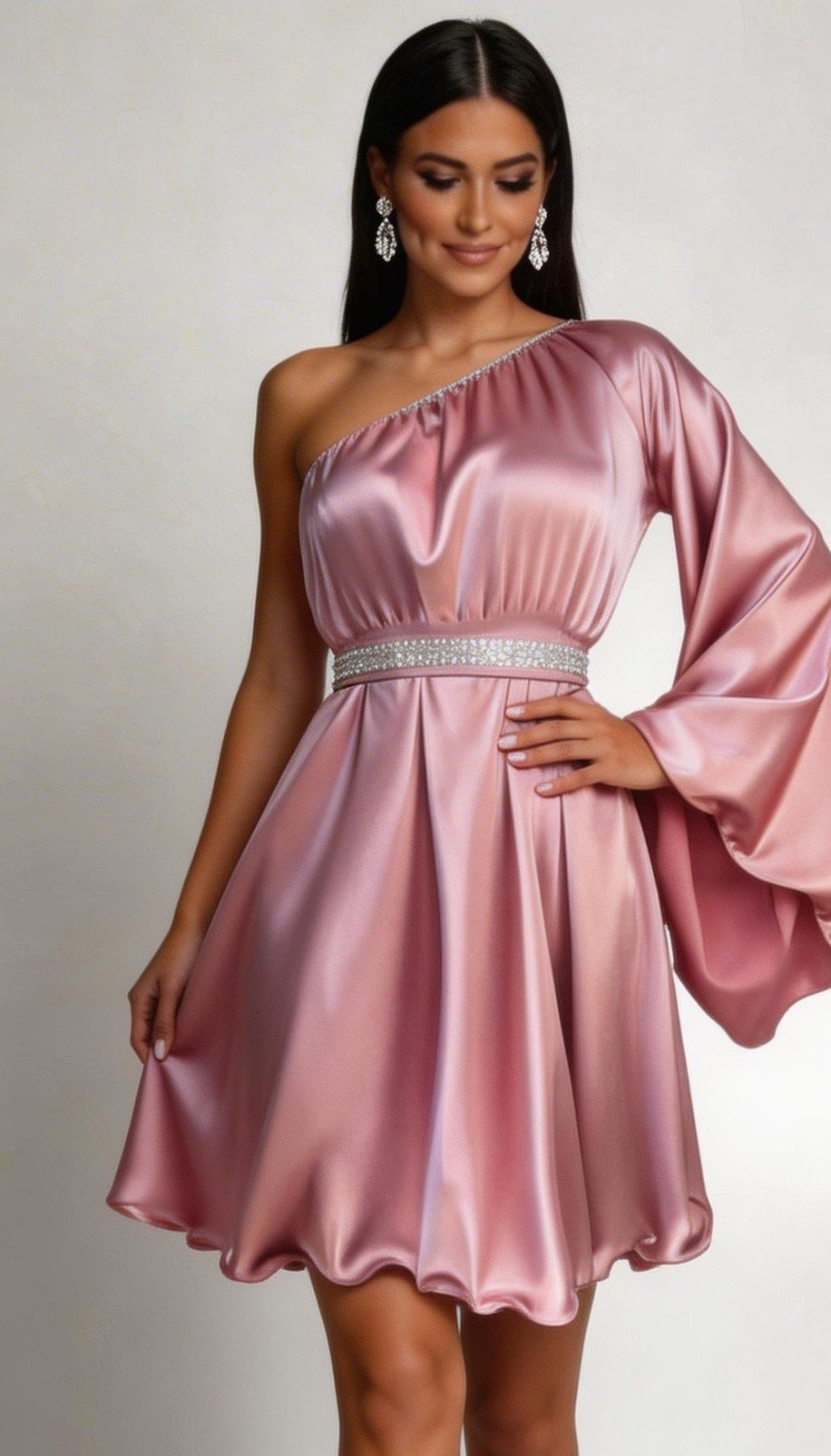baby nest Rochie baby doll din satin roz cu maneca lunga Melike