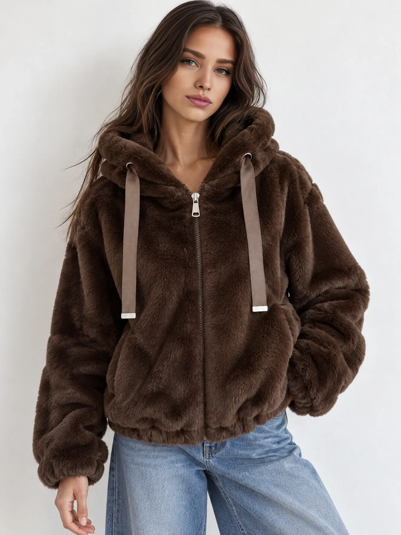 Geaca dama blana eco teddybear maro scurta cu gluga si buzunare Rosary