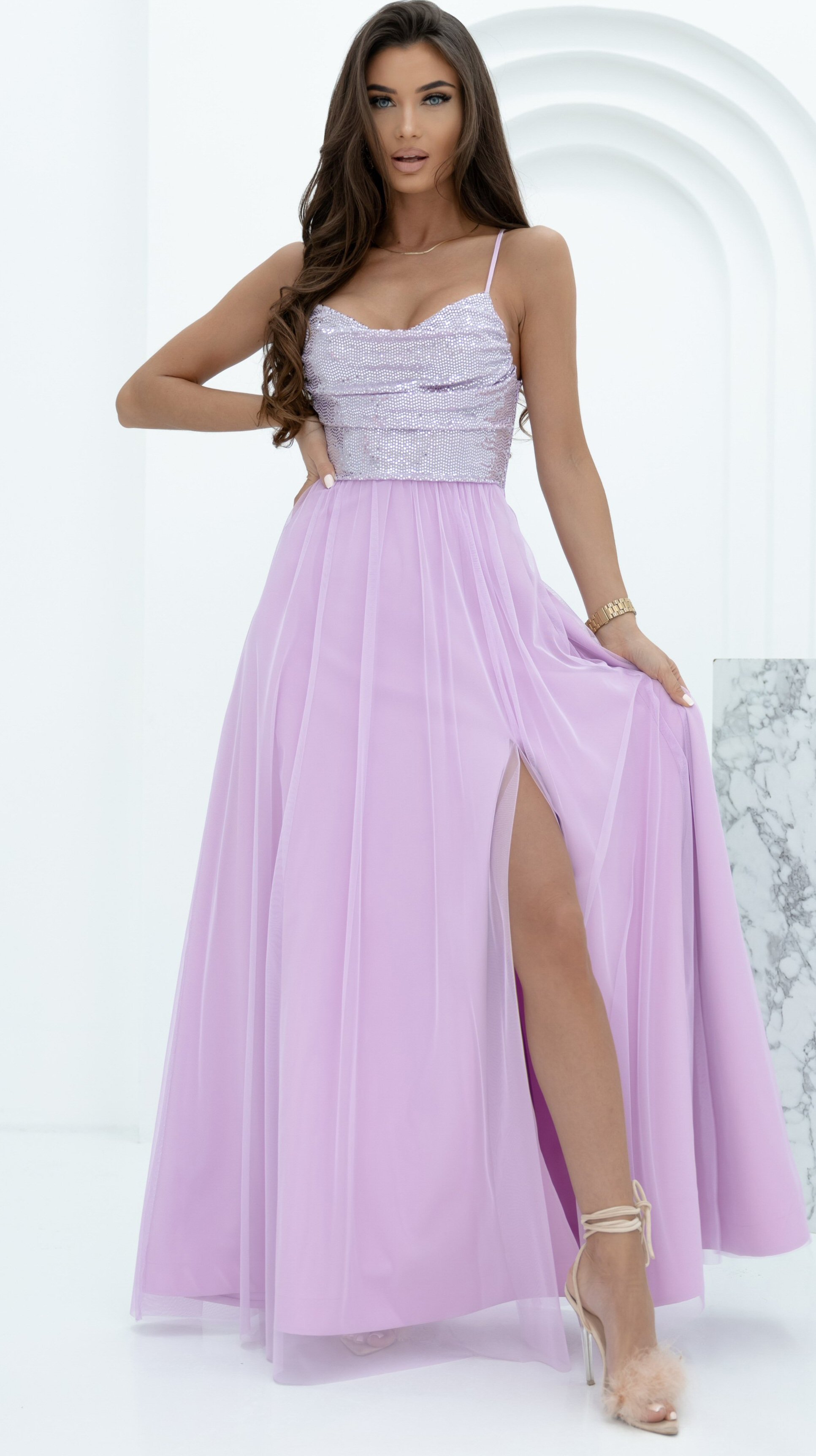 Rochie domnisoare de onoare lunga, din tulle si paiete, lila, cu bustul tip corset si umerii goi, Bella