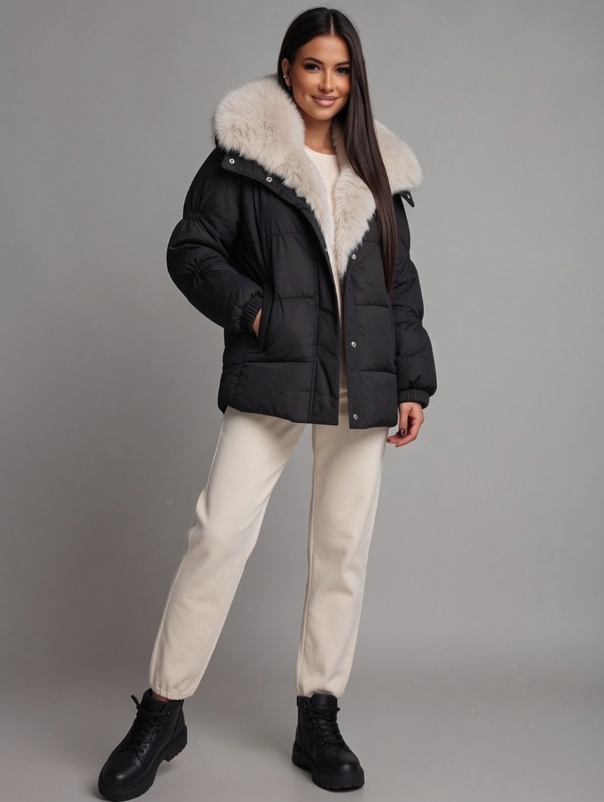 Geaca dama de iarna parka neagra scurta cu blanita eco bej si gluga Sydney