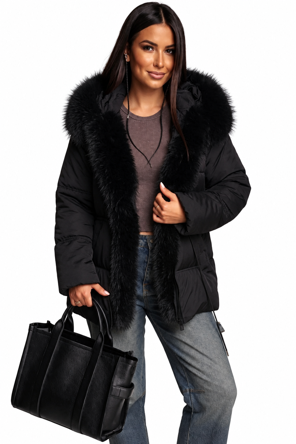 Geaca parka dama scurta matlasta neagra cu blana eco si gluga Alyona