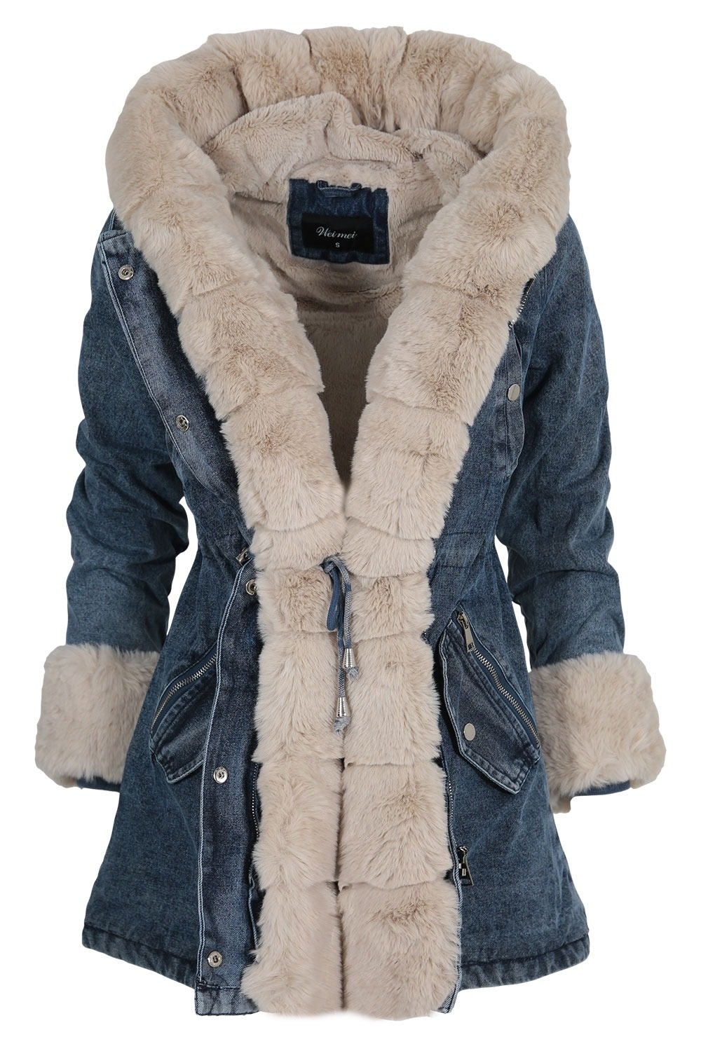Geaca dama parka din denim albastru cu blanita eco bej Wanda