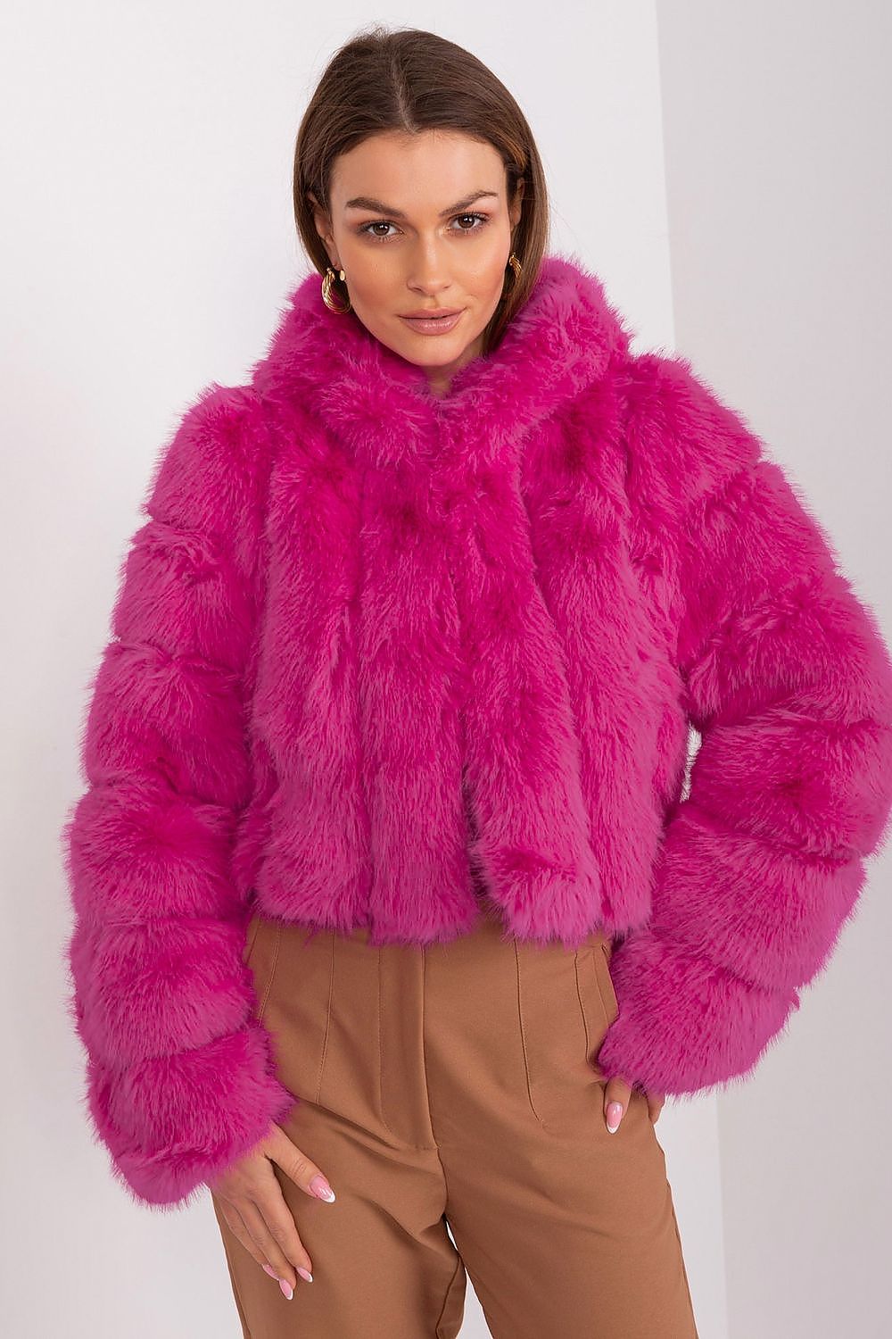 Geaca dama scurta, din blana eco, roz fucsia, cu gluga, Lubelle2
