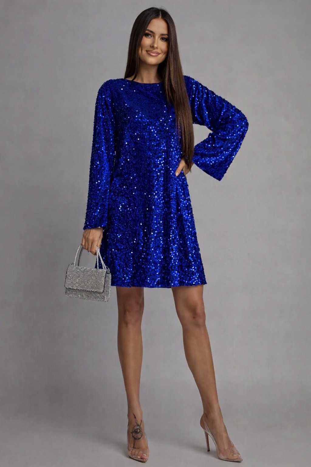 Rochie catifea albastra cu paiete scurta croi A cu fundița la spate si maneca lunga Glossy