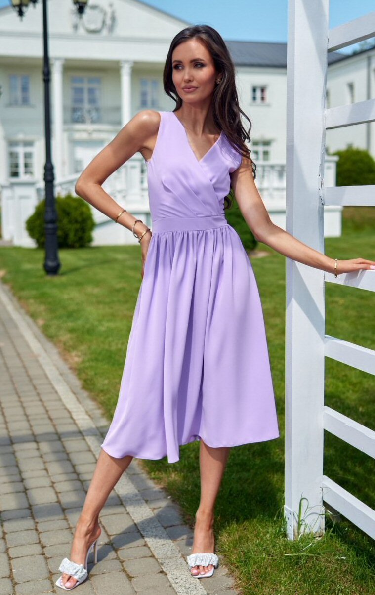 Rochie eleganta midi, din voal, lila, vaporoasa, petrecuta, Margie