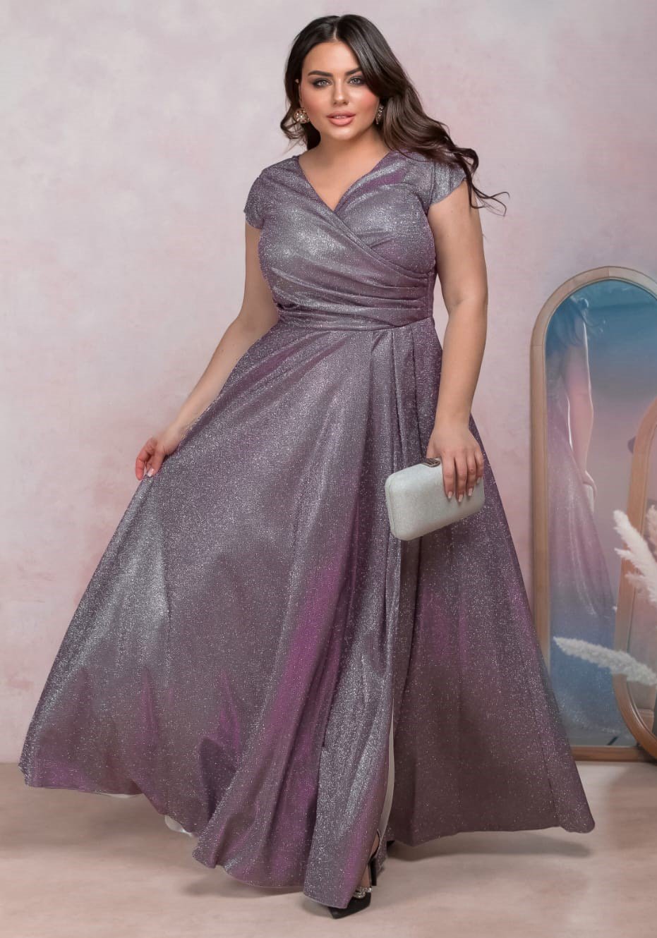 Rochie eleganta in marimi mari, lunga, din bumbac cu glitter, lila, crapata pe picior, AmandaW