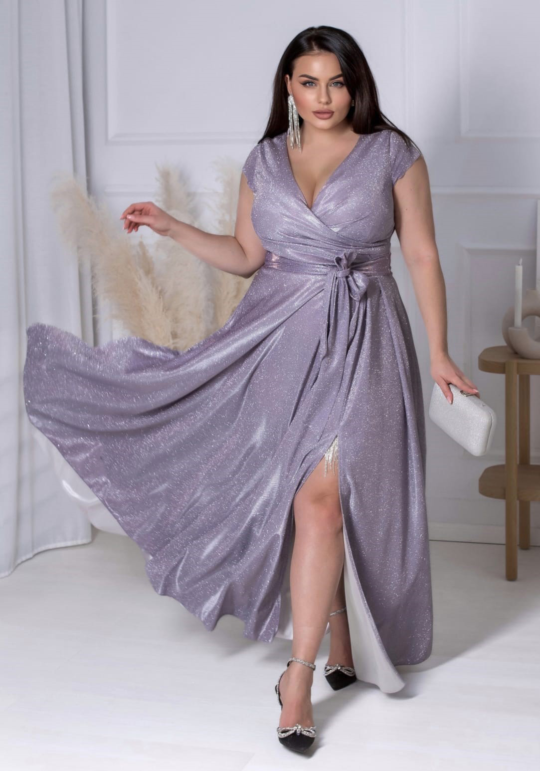 Rochie eleganta in marimi mari, lunga, din bumbac cu glitter, violet, crapata pe picior,  AmandaW