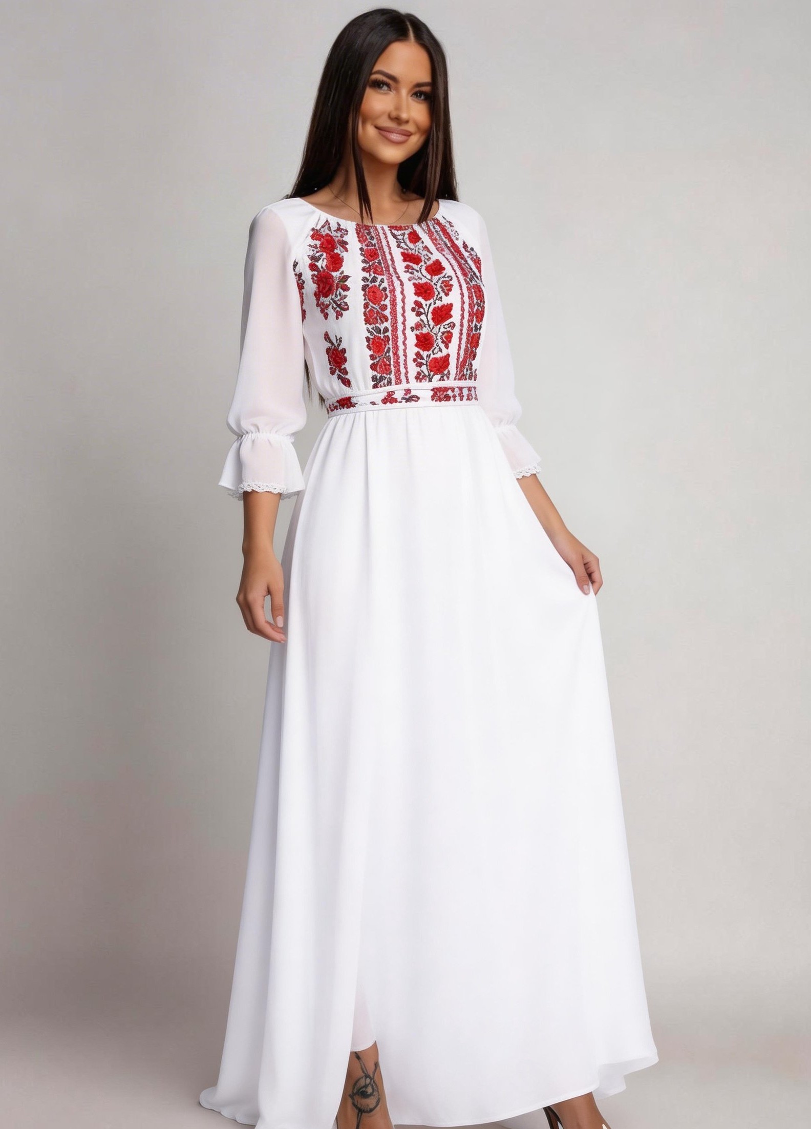 rochie lunga Rochie lunga alba din voal cu motive traditionale Saray